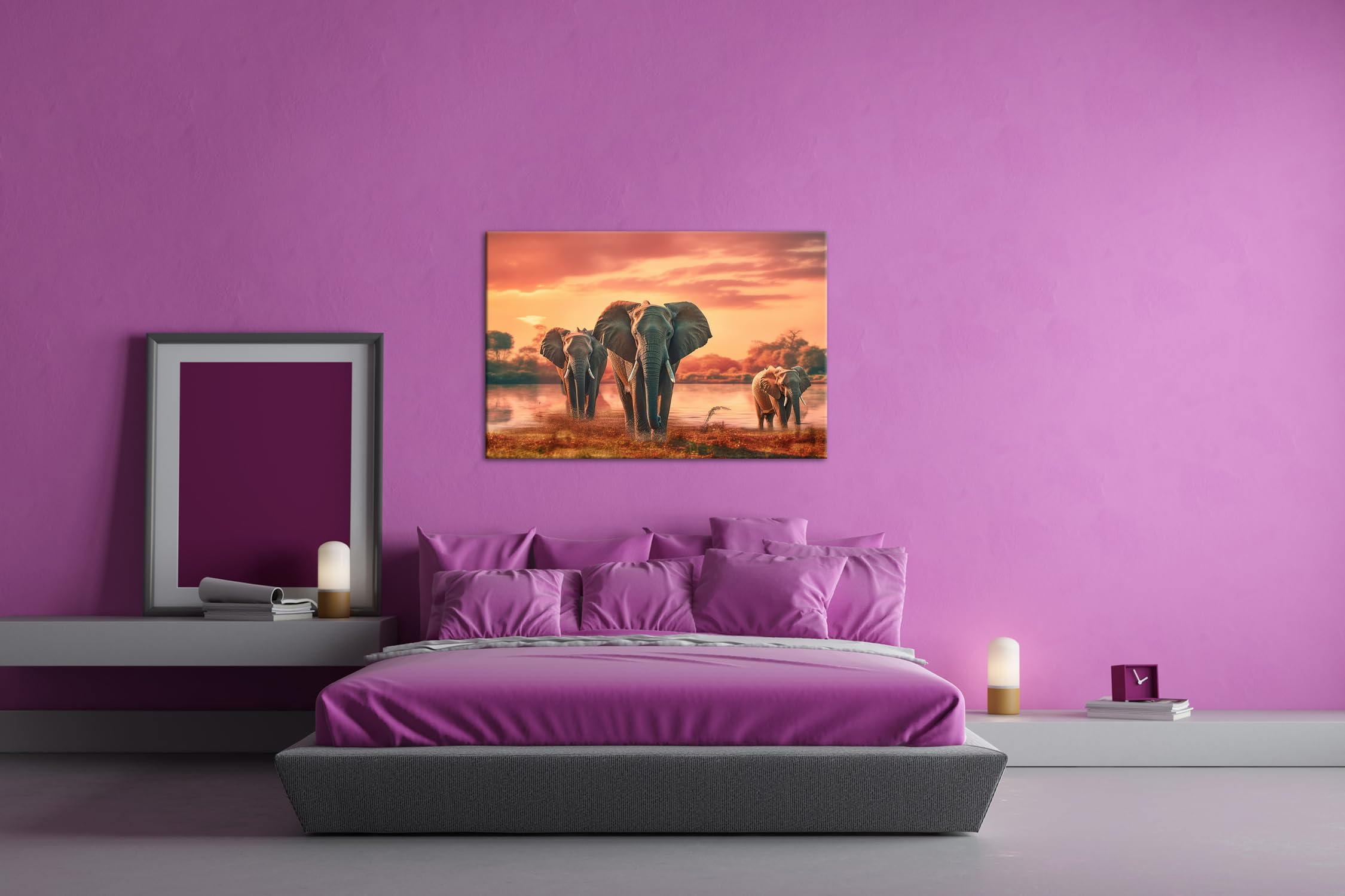 Leinwandbild Elefanten im Sonnenuntergang, Wasserreflexionen Format: 120x80 cm XXL Kunstdruck Bild auf Keilrahmen/Wandbild/Wohnzimmer Deko