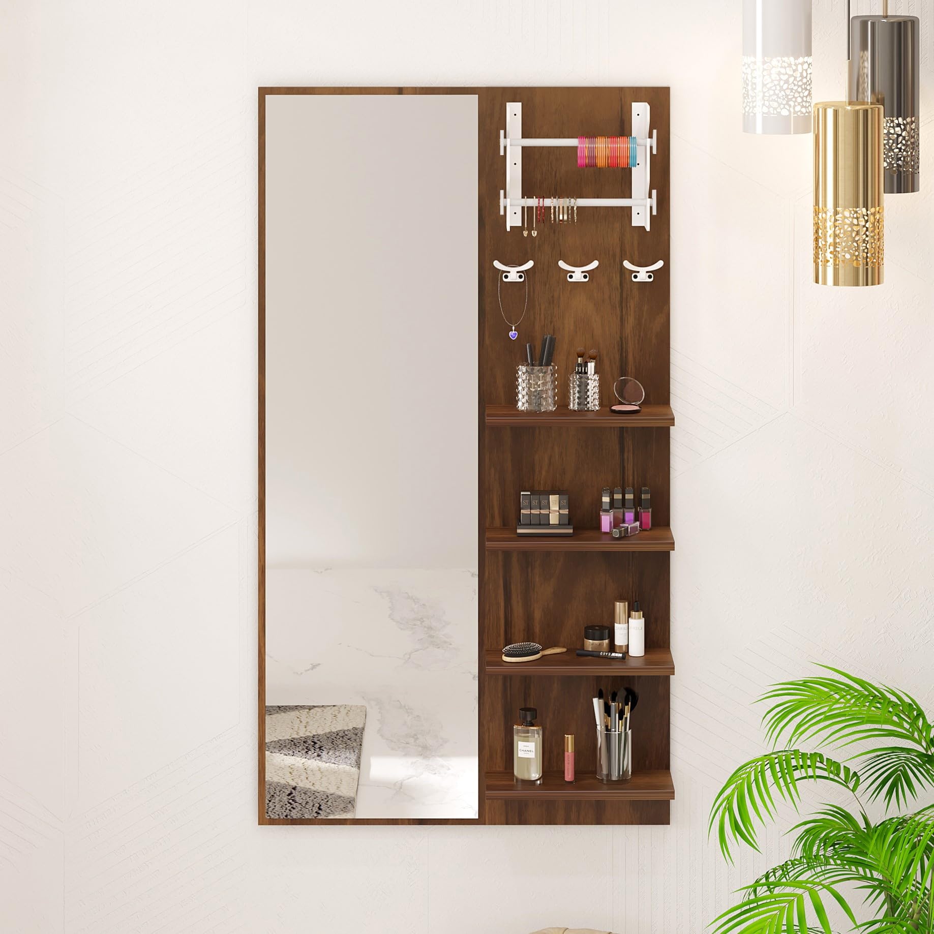 BLUEWUD Freddie Engineered Wood Wall Mount Dressing Table Organizer Makeup Vanity with Mirror, Storage Shelves, Bangle Holder & Hooks for Bedroom Living Room Home Furniture, DIY (Brown Maple)-image-38
