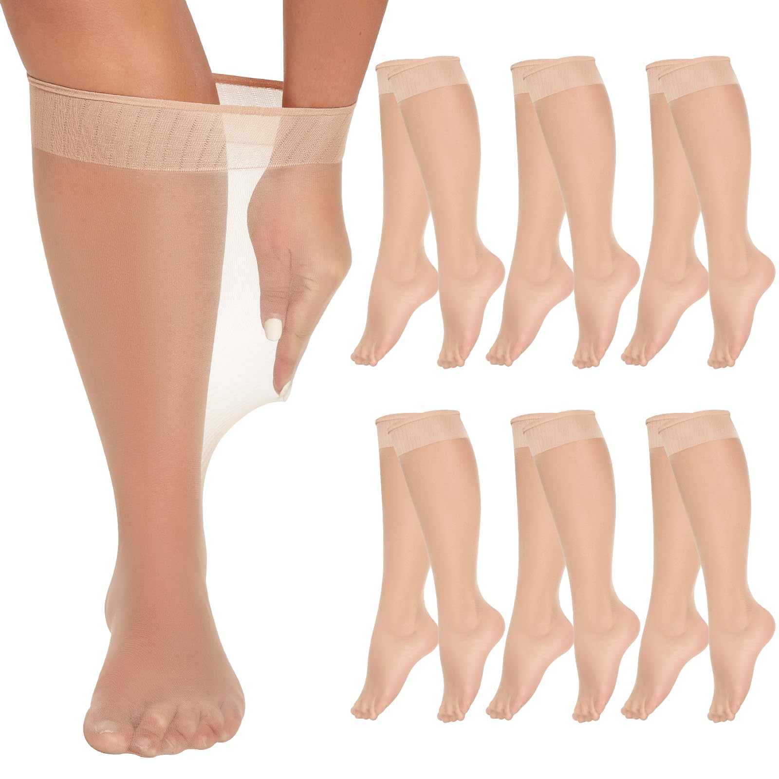 MANZI 6 Pairs Plus Size Knee Highs for Women 15 Denier Sheer Nylon Socks Knee High Stockings
