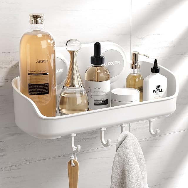 Luxear Shower Caddy Suction Cup No-Drilling Removable Waterproof Bathroom Shower Shelf with 4 Hooks Wall Shower Basket Storage Organize for Shampoo and Conditioner Bottles Kitchen Bathroom - White