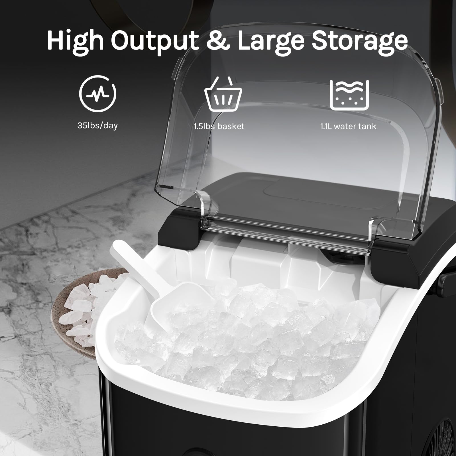 Aglucky Nugget Ice Maker Countertop,35lbs/24h,Portable Pebble Ice Machine With Handle,Self-Cleaning Function,Pellet Ice Maker For Home/Kitchen/Office(Black) on Fridge.com - View 2