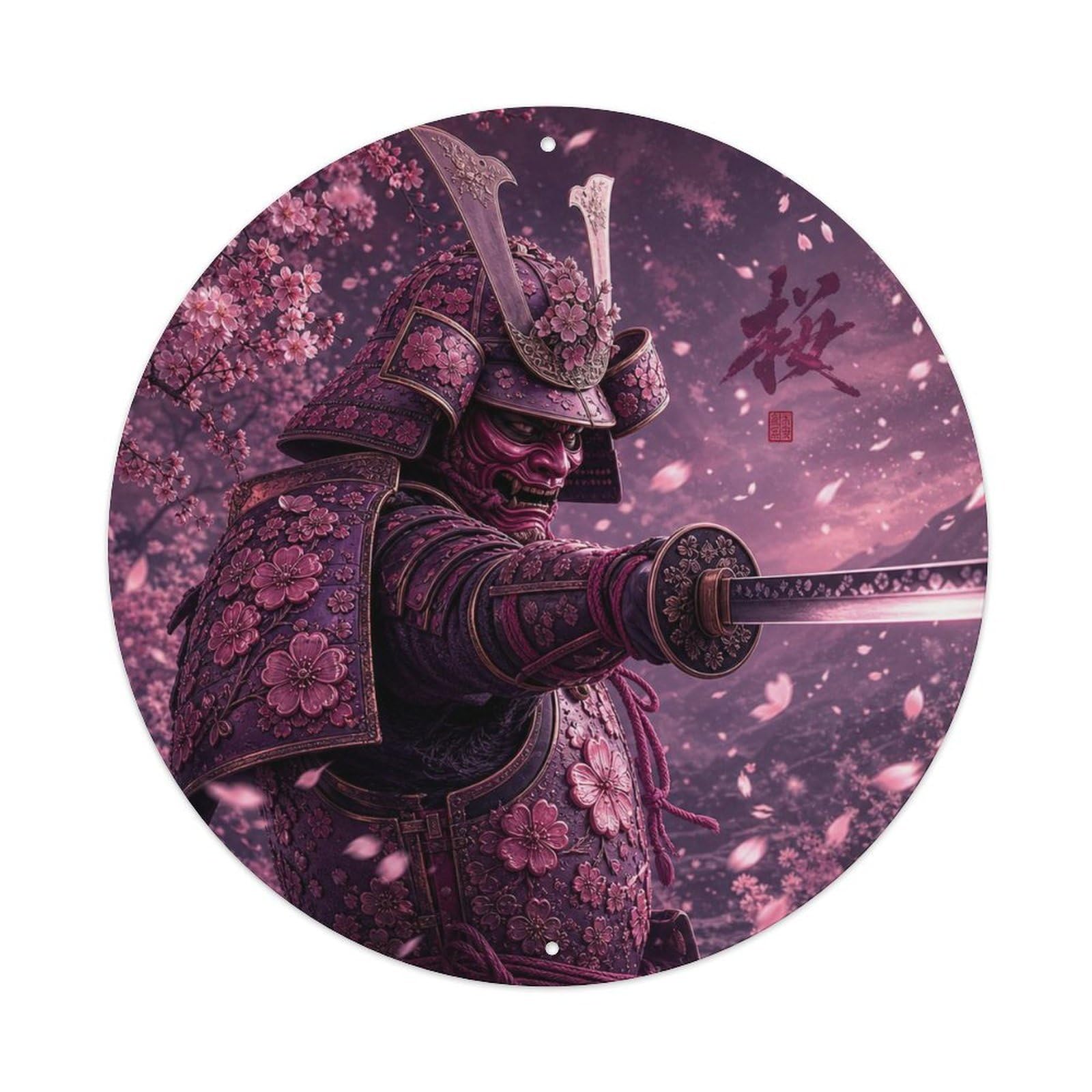 Okngb Style Masked Magenta Blossom Sword Point Forward Armor Label Metal Tin Sign Plaque Wall Decor For Cafe, Man Cave, Club Bar, Office, Home Garden Round Metal Poster 8X8inch