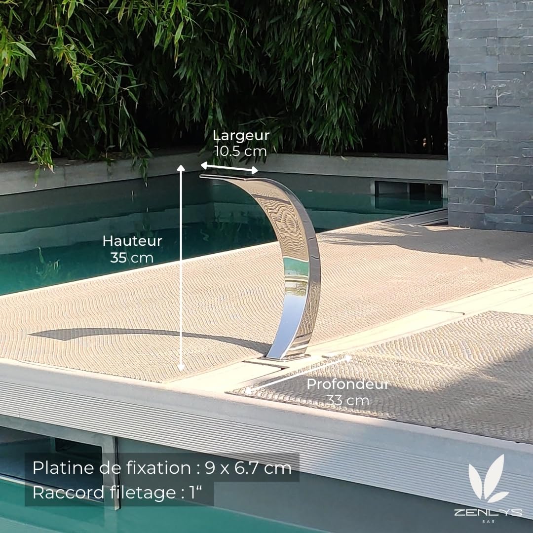 Cascade Piscine INOX 316 - Mini Cobra - Hauteur 35cm - Largeur 10,5cm - Poli Miroir - Fontaine - Bassin - Massage - Detente - Acier Inoxydable - Compatible Traitement de Piscine au Sel Chlore