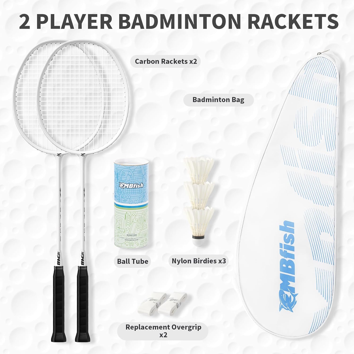 MBFISH Badminton Racket Set with 2 Carbon Fiber Rackets, 3 Shuttlecocks, 2 Replacement Racket Grip Tapes and 1 Badminton Bag - Perfect for Beginners & Outdoor Games 4U White