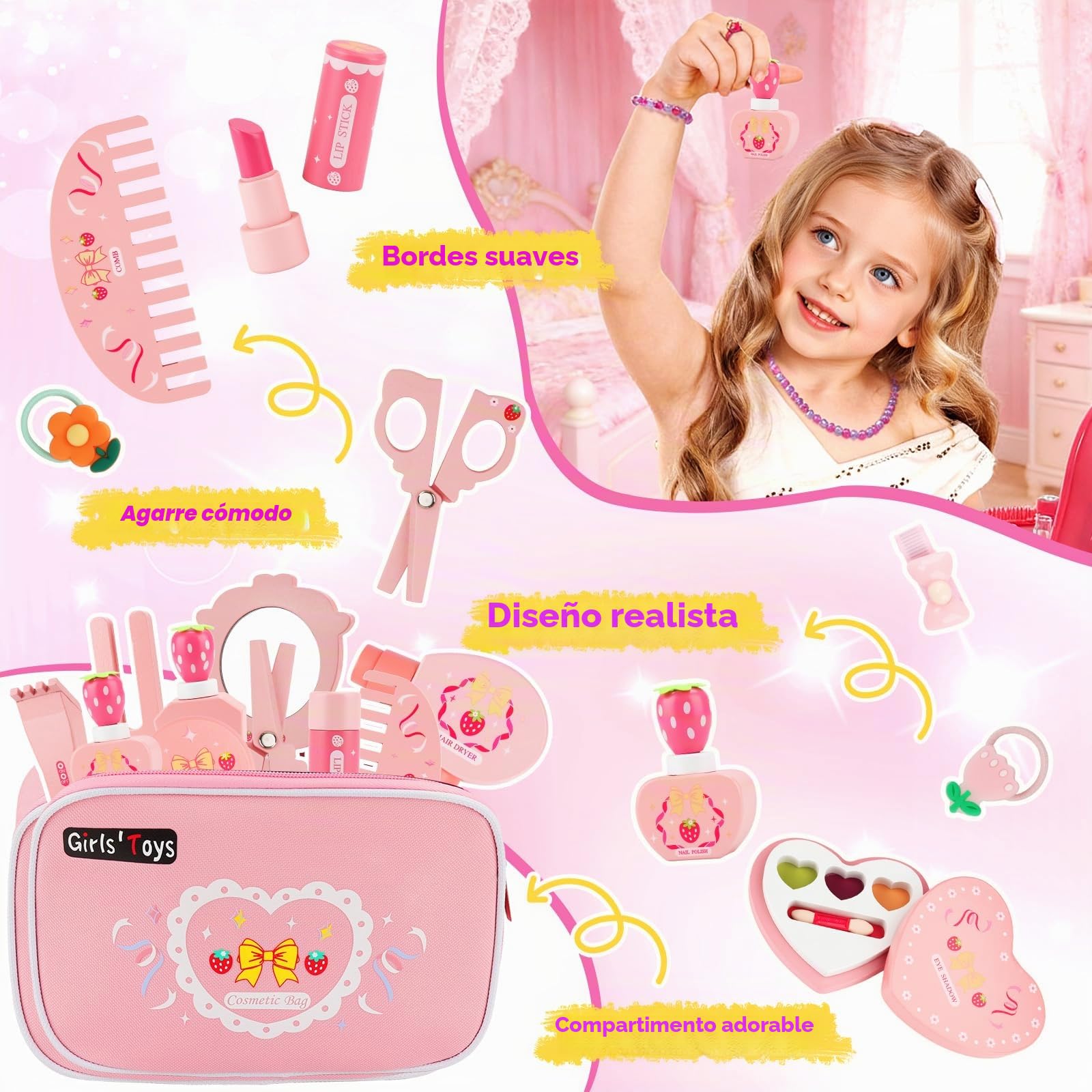 Set Maquillaje de Madera Niña,Juguetes de Belleza de Madera,Juguete de Maderas Juego de rol,Kit de Maquillaje Feating con Bolsa Comestic Accesorios Regalo Cumpleaños para Niños 3 4 5 6 Años