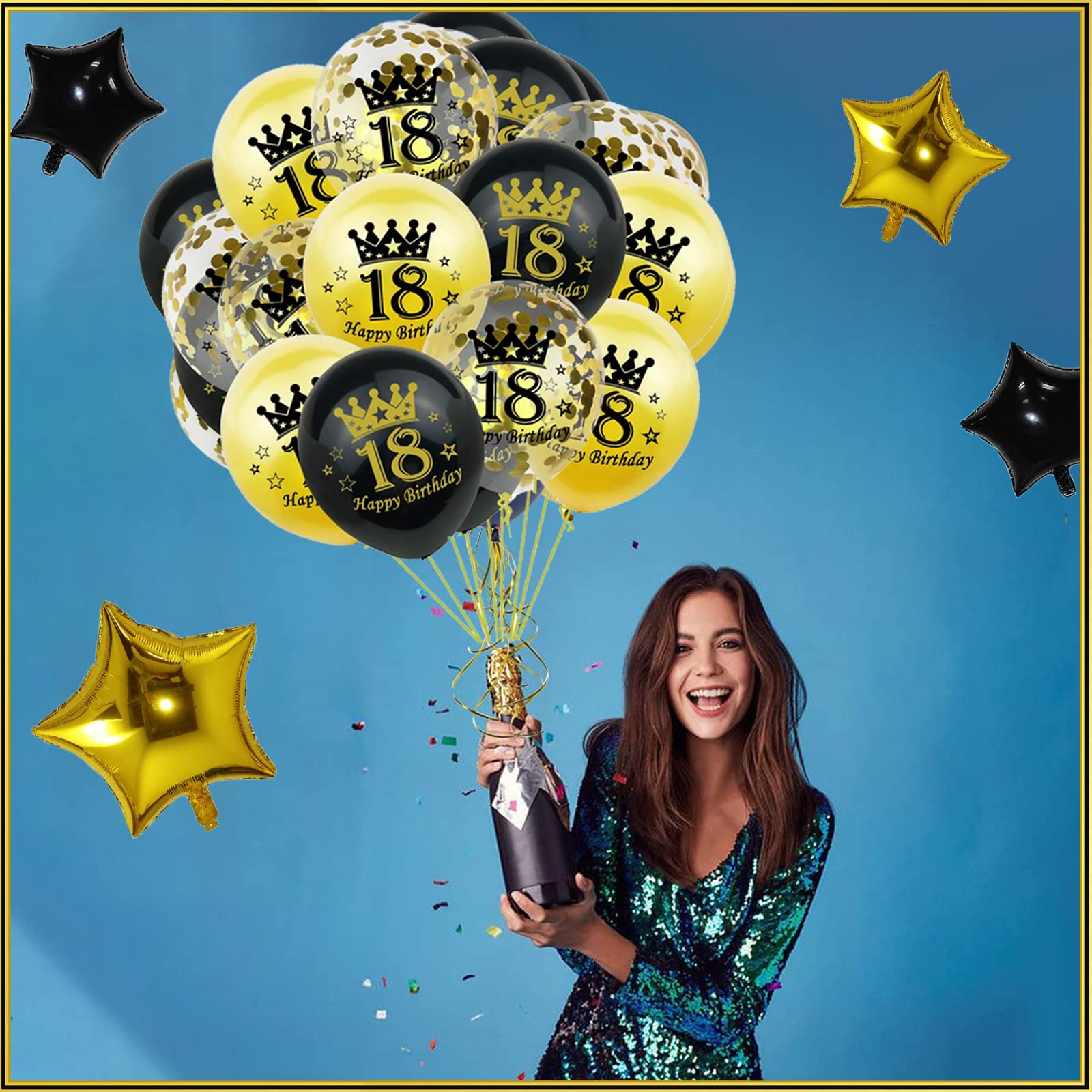 Palloncini 18 Anni Compleanno - Kit Decorazioni Nero E Oro Con Striscione - Foto 9