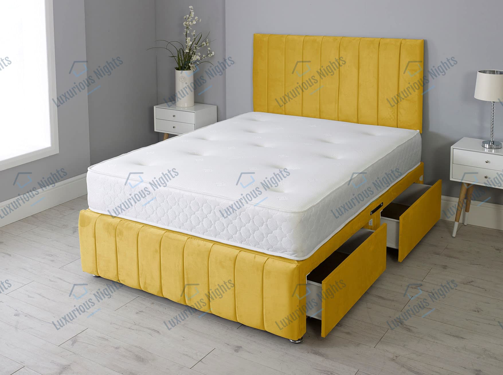 Luxurious Nights Super Plush Velvet Ibex Divan Bed Set Headboard Footboard & Mattress (2FT6 Small Single - No Drawer, Yellow)