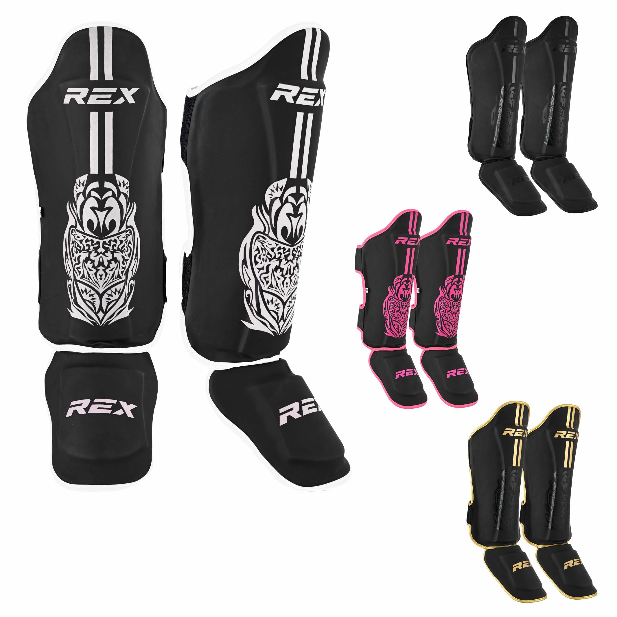Rex Sports Endurance Shin Guard Instep for Kickboxing, MMA fighting pads, kickboxing shinpads, Muay Thai Leg pads, Rexene Leather Boxing protection for legs (WHITE/BLACK, XL)