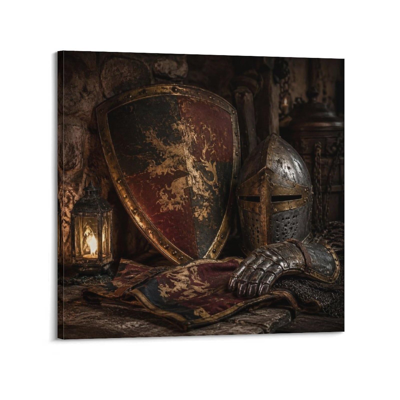 XKUGA Heraldic Shield Poster Wood Banner Medieval Helmet Relic Modern Decorative Canvas Prints - Ideal Wall Art for Family, Man Cave, Game Room, Boys & Girls Bedroom 20x20inch(50x50cm)