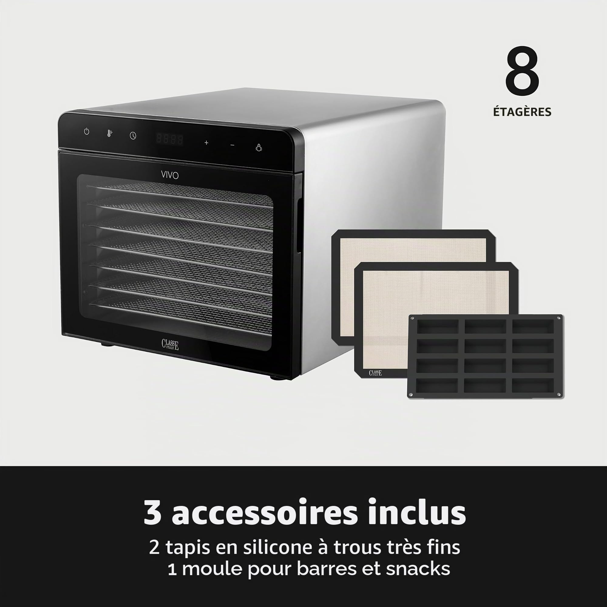 CLASSE ITALY Déshydrateur alimentaire à faible consommation, 8 plateaux en acier SUS 304, 700 W, GARANTIE 5 ANS, température réglable de 35 à 85 °C, minuterie 24 heures, sans BPA