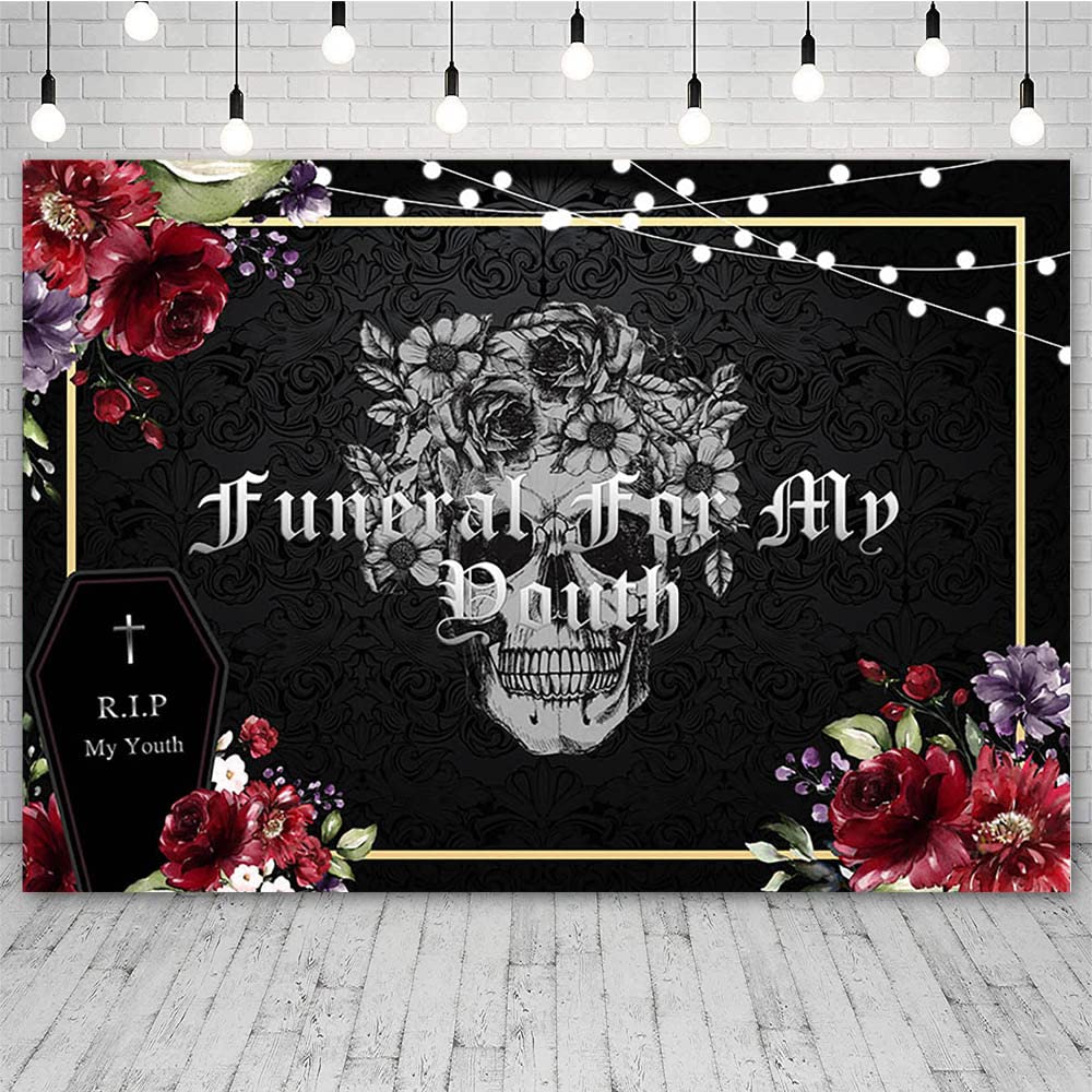 Sendy SENDY 7x5ft Funeral for My Youth Backdrop RIP to My 20s Birthday Photography Background Burgundy Red Flower Skull Tombstone Party Decoration Banner Photo Booth Props