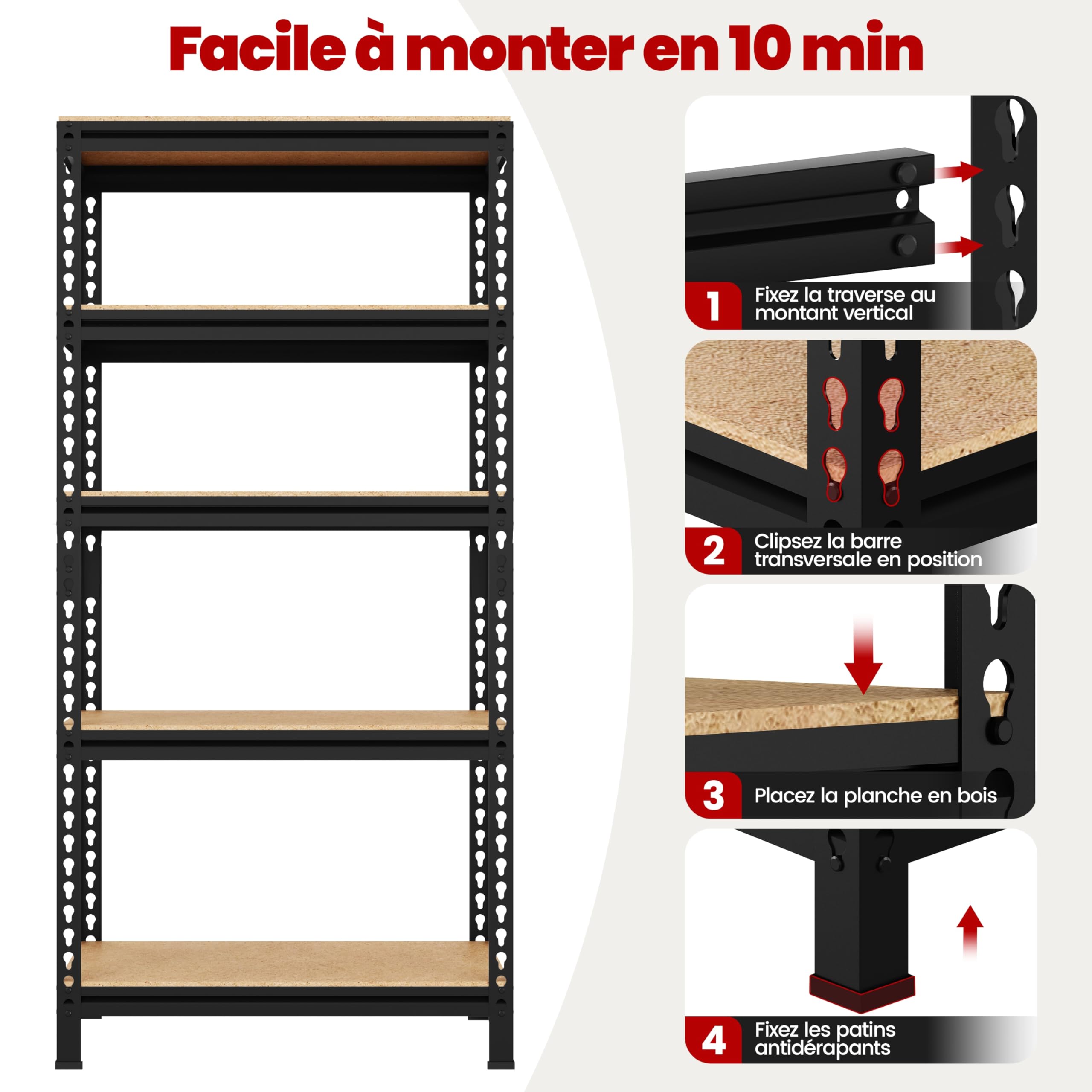 Yaheetech Lot de 2 Étagères de Rangement 150 x 70 x 30 cm sans Boulons Noir | Tablettes Réglables, Charge Lourde 150 kg par Niveau, Étagère Metallique Atelier/Garage/Cuisine