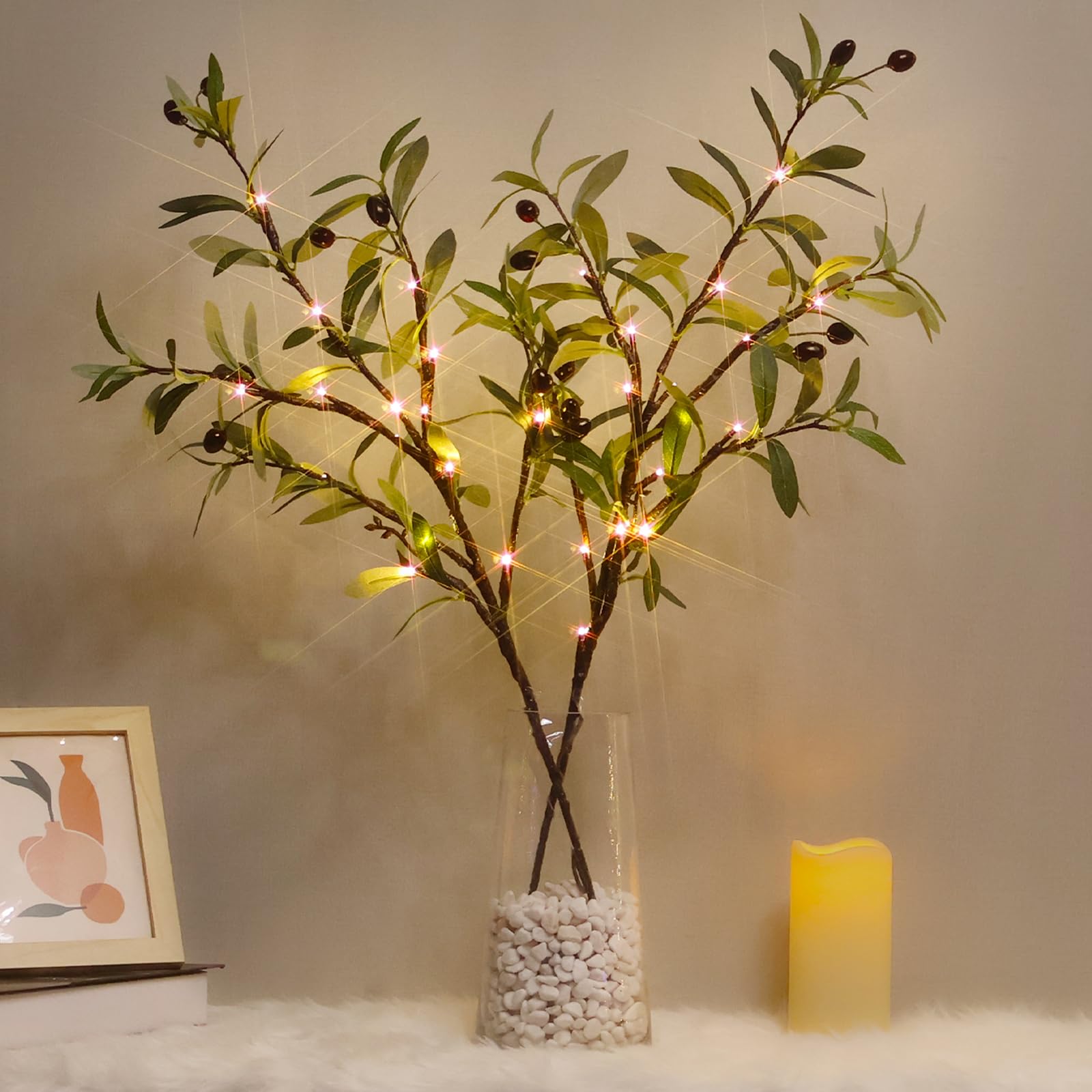 Zcdl Lamp Lighted Olive Branches for Vases, 32 Inch Olive Branches with 32 LED Lights, Battery Powered Artificial Branch, Prelit Tree Branch for Home