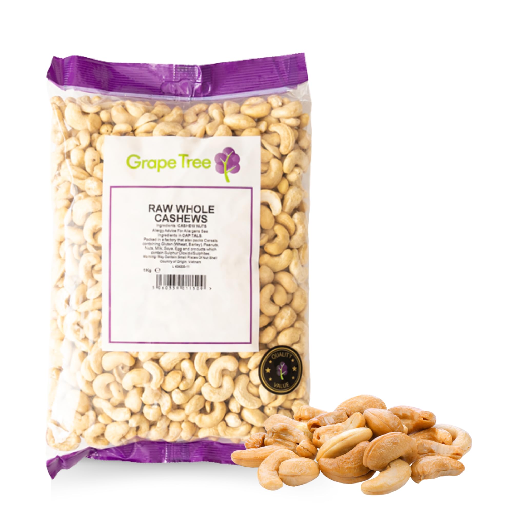 Grape Tree Whole Raw Cashews (1KG). Whole Cashew Nuts Raw. Low GI Snack. Cashew Nuts Perfect For Snacking, Cooking and Baking. Keto Friendly Snack. Rich In Protein, Vitamins, Iron & Selenium.