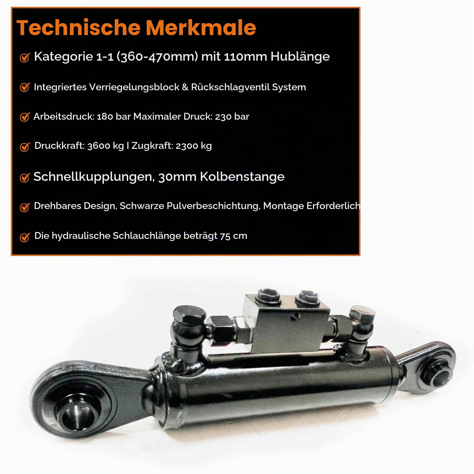 Sparepartsholland Hydraulischer Oberlenker Kat.1-1 mit Sperrblock 360–470 mm | 3/8" Hydraulikanschluss, 250 bar, 2 Schläuche inkl.