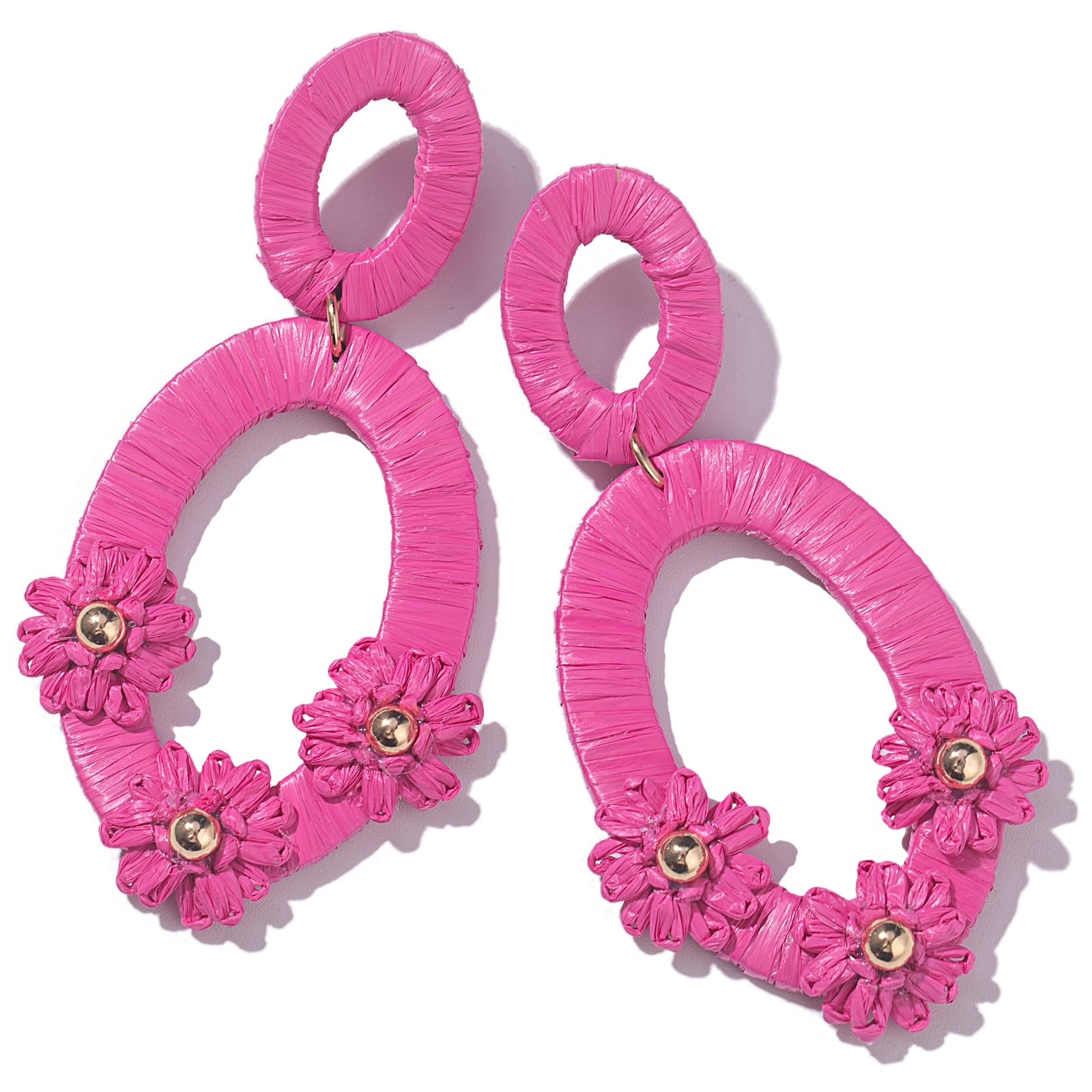 FANCY SHINYBoho Raffia Earrings Flower Drop Earrings Cute Floral Dangle Earrings Statement Summer Jewelry for Women
