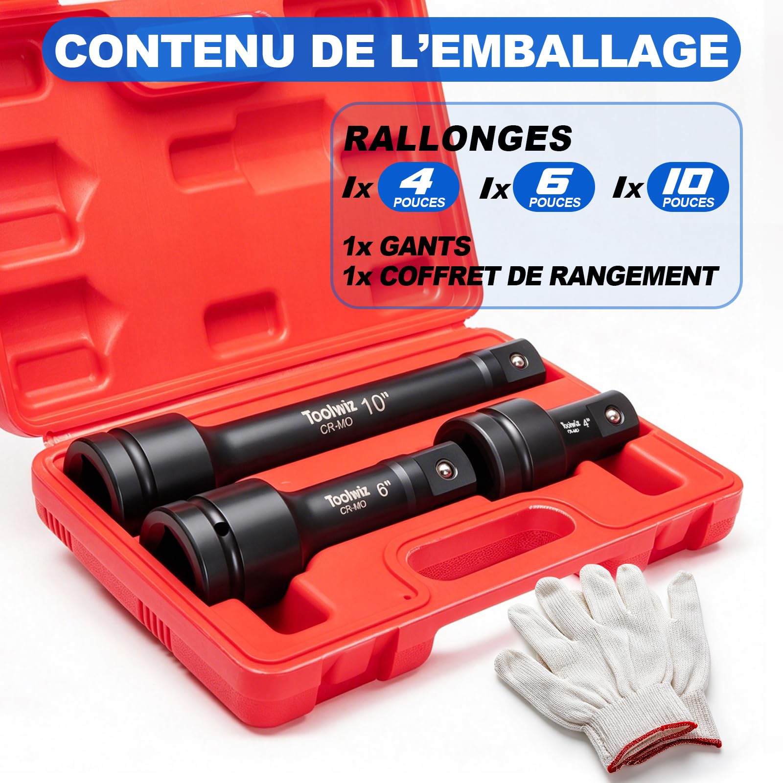 Toolwiz Jeu de Rallonges 1" pour Clé à Chocs 100mm, 150mm, 200mm, Cr-Mo | 3 Pièces, Compatible avec les Outils à Chocs Pneumatiques et Électriques, pour Réparation Mécanique, Boîte en PVC
