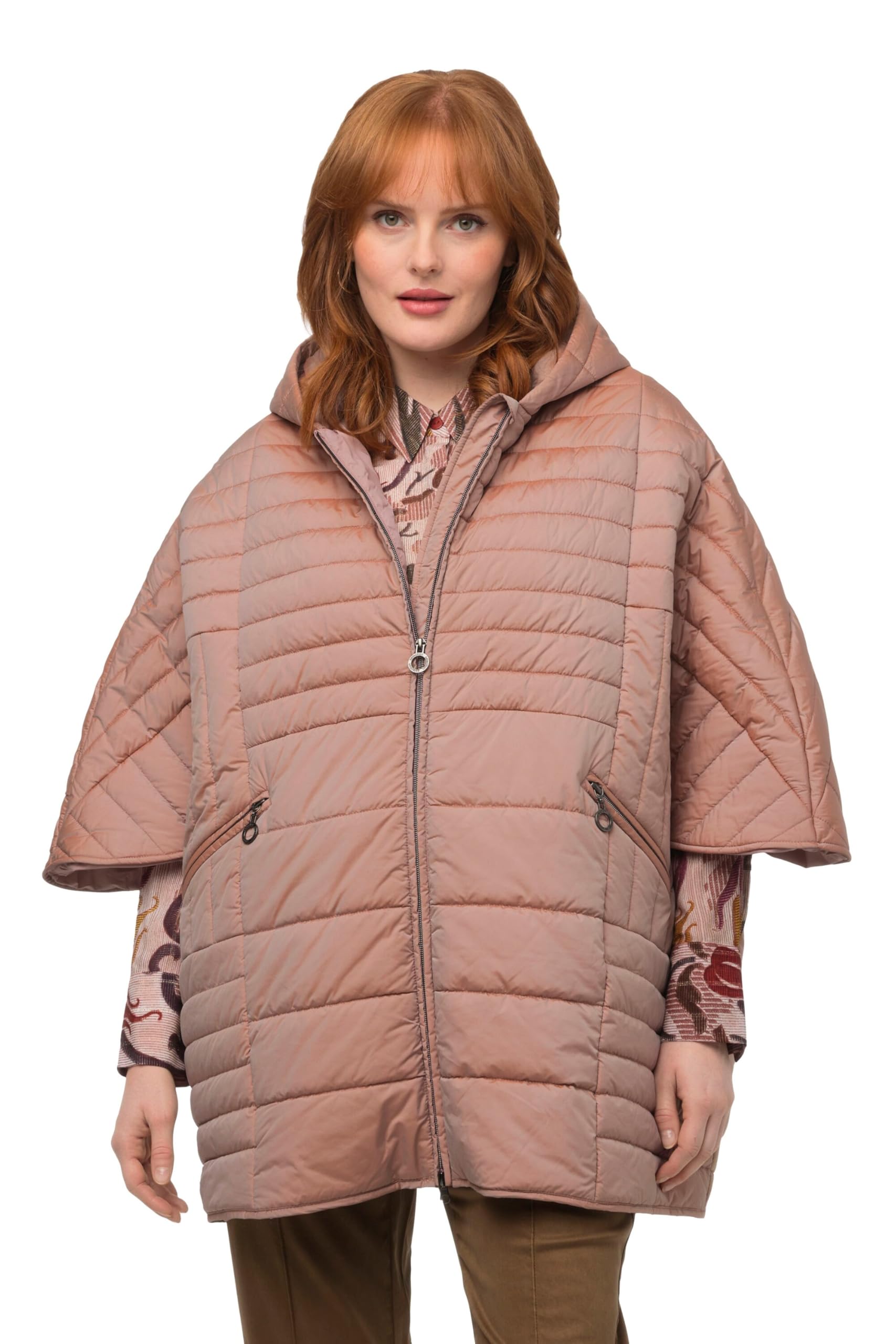 Ulla Popken Damen große Größen Übergrößen Plus Size Stepp-Cape, extraweit, Kapuze, 2-Wege-Zipper, Langarm 822235