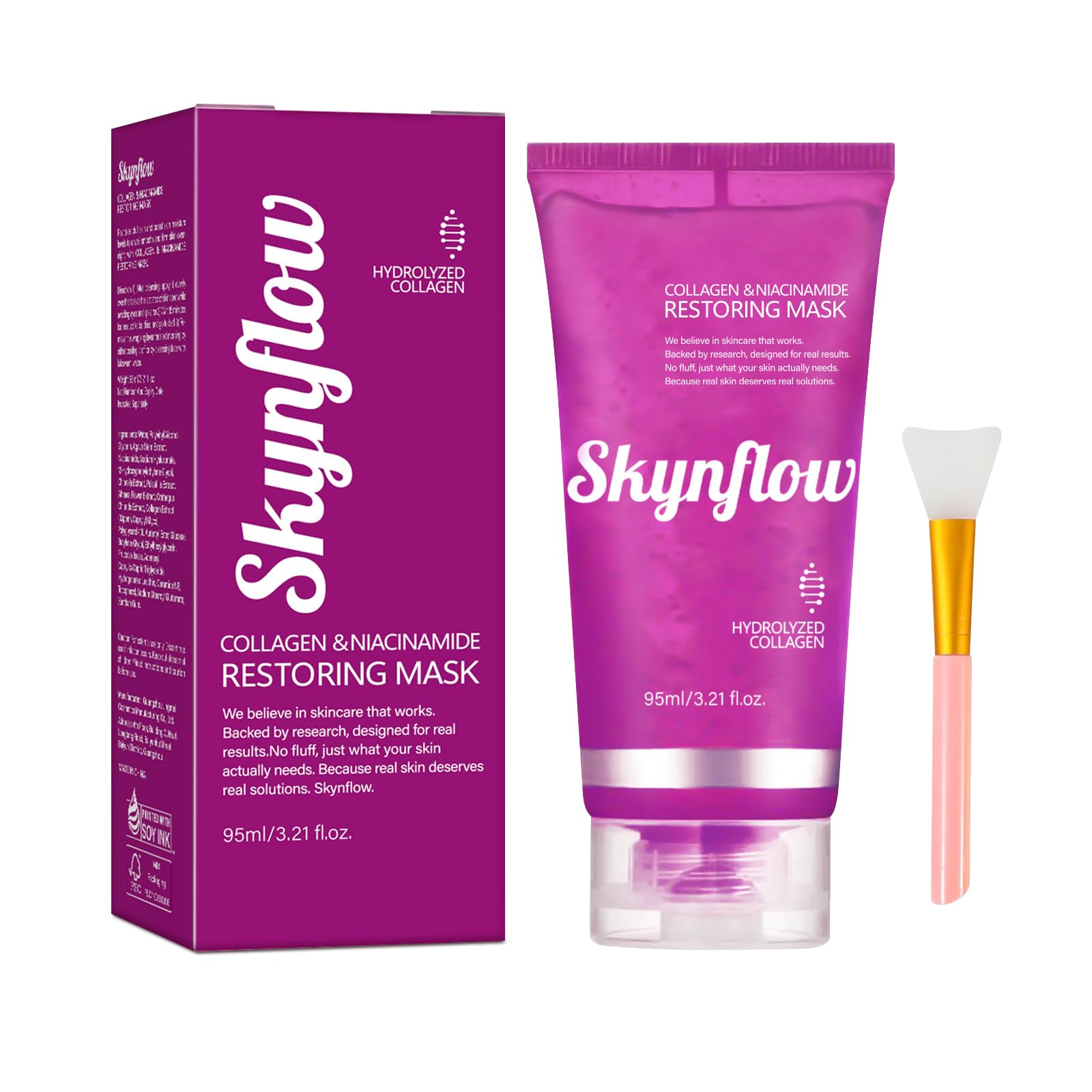 Skynflow Overnight Hydrating Sleep Mask 95ml with Silicone Brush - 3-in-1 Wash Off Gel Mask with Hyaluronic Acid，Hydrolyzed Collagen& Niacinamide -