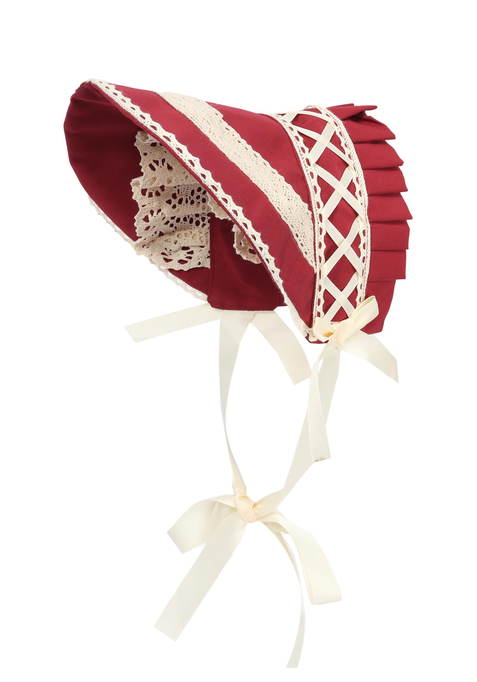 FURPHI Victorian Bonnet Colonial Hat with Lace Tea Party Costume Sun Cap for Women, Red, Adult