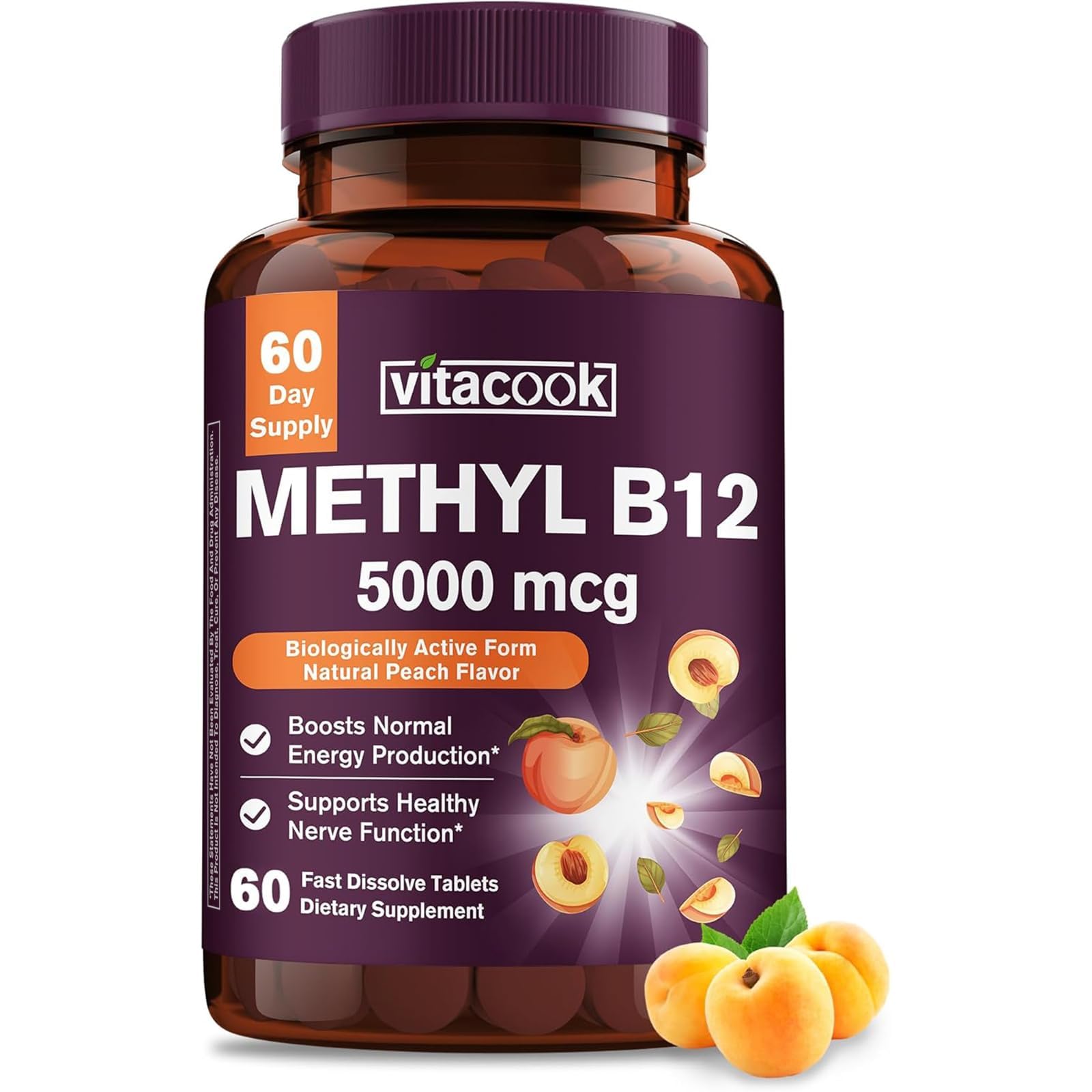 Vitamin B12 Sublingual, Methylcobalamin 5000mcg for Energy Production, Energy, Nerve & Cell Support, Natural Peach Flavor, Vegan, Zero Sugar, 60 Fast Dissolve Tablets