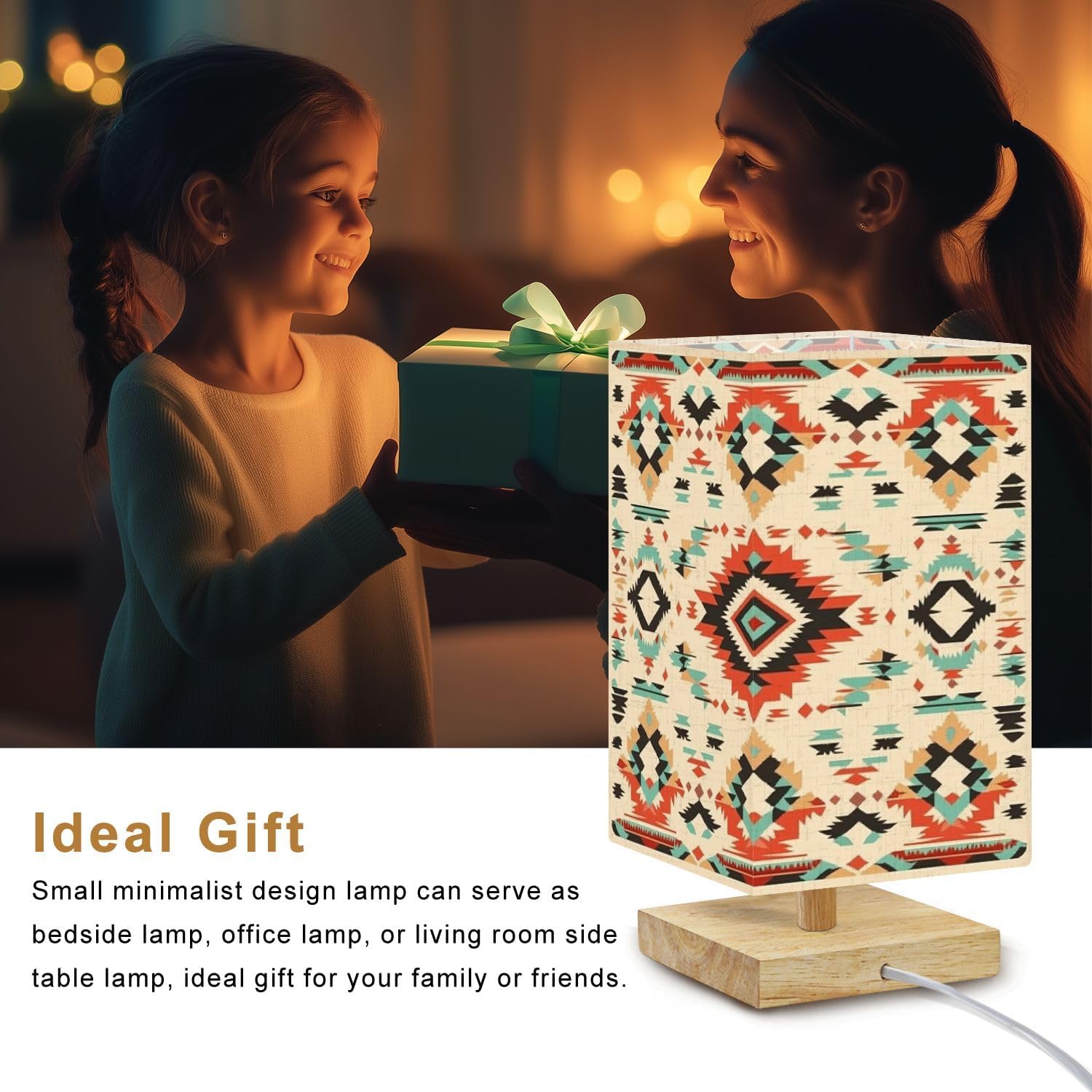 Bedside Table Lamp Native Southwest Aztec Navajo Seamless Pattern Tribal 16-Way Dimmable Small Desk Lamp with Square Flaxen Fabric Shade for Nightstand Bedroom Living Room Home Decor