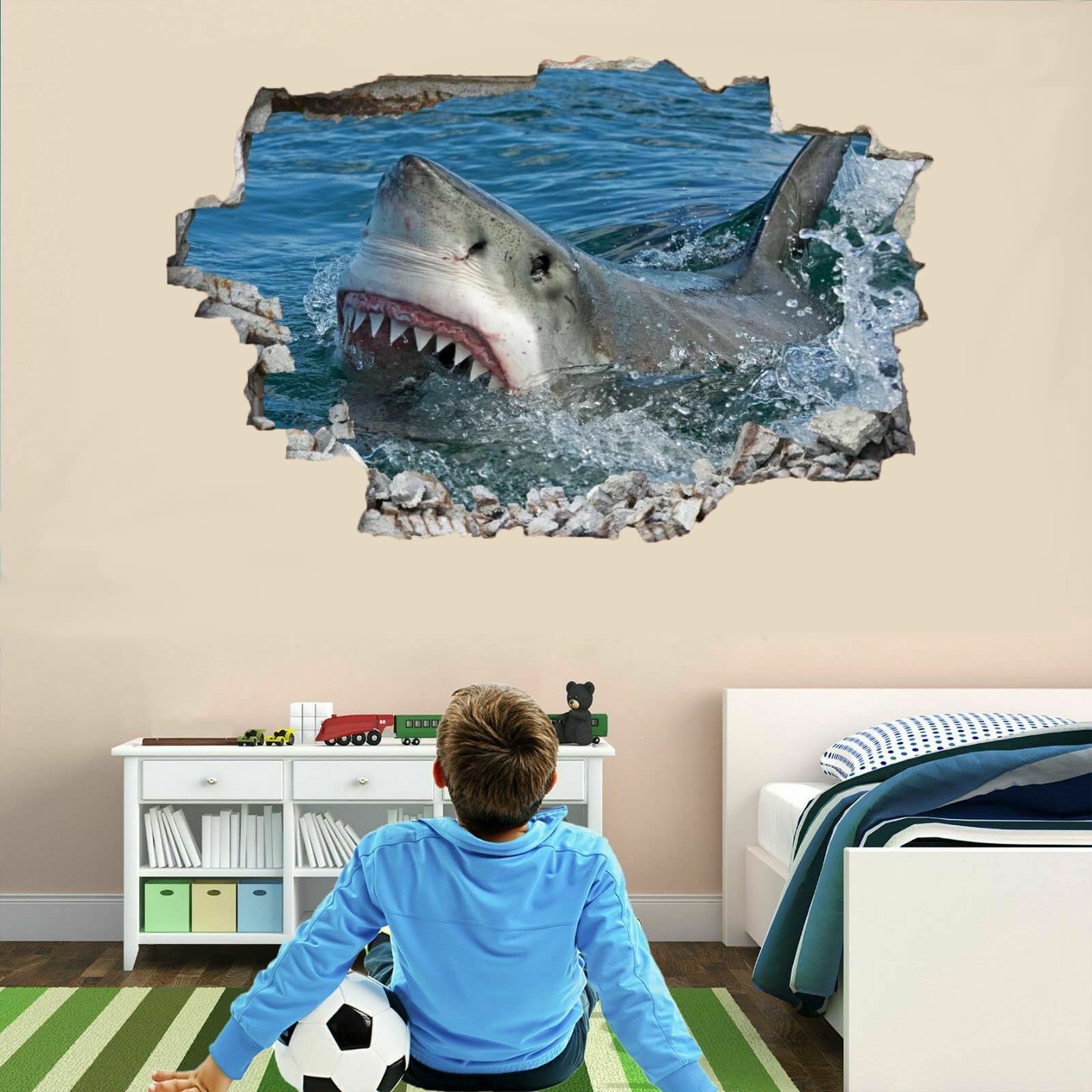 Squalo Decalcomanie Da Muro Art 3D Fracassato Animale Adesivi Murali Removibili Carta Da Parati Camera Da Letto Autoadesivo Per Ragazze Camera Da Letto Nursery Home Decor Gift 75x113cm