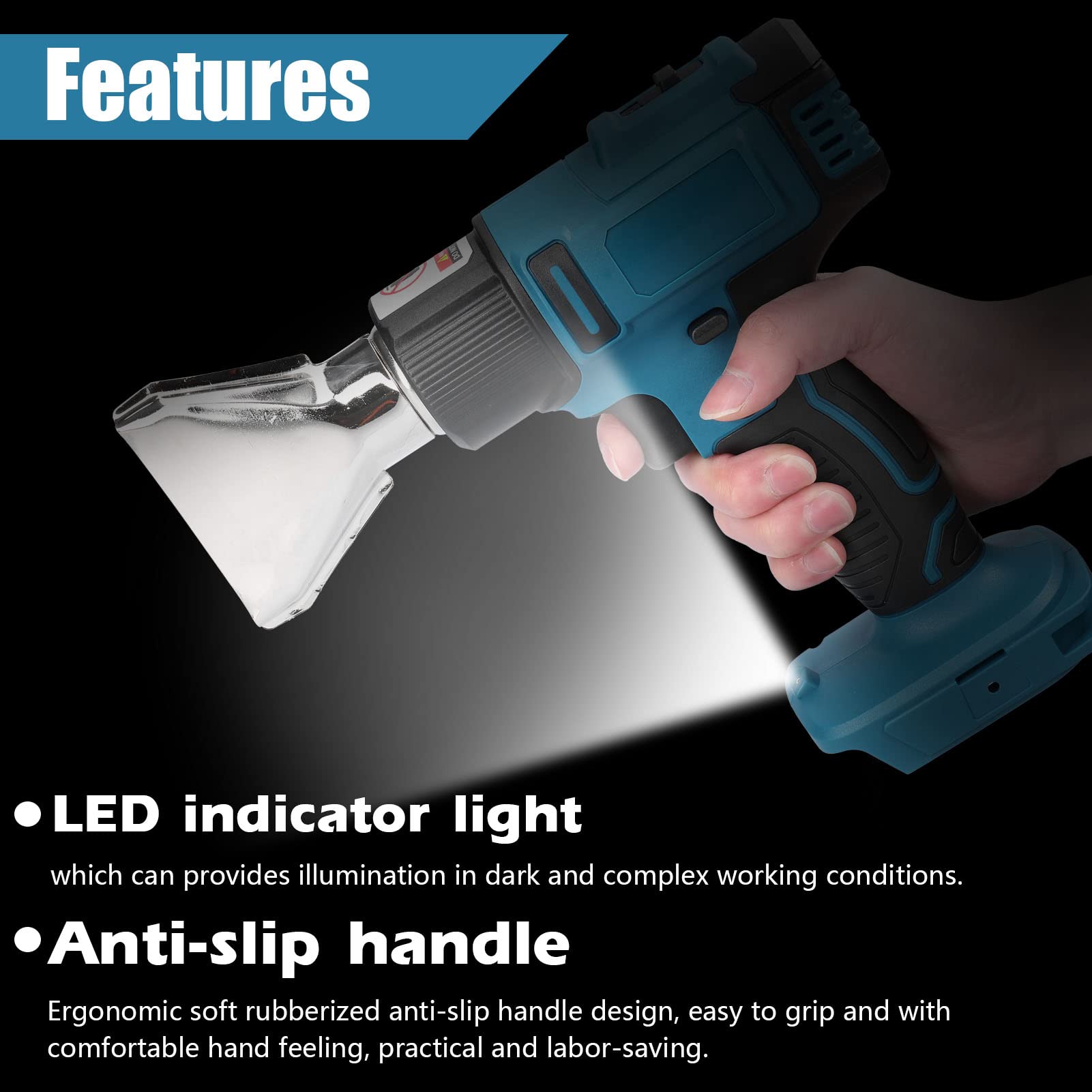 Pistola ad aria calda senza fili Geevorks Pistola di calore 300-550℃ Temperatura regolabile,Luce LED incorporata,compatibile con batteria al litio Makita 18V,Decapatrice professionale con 2 ugelli