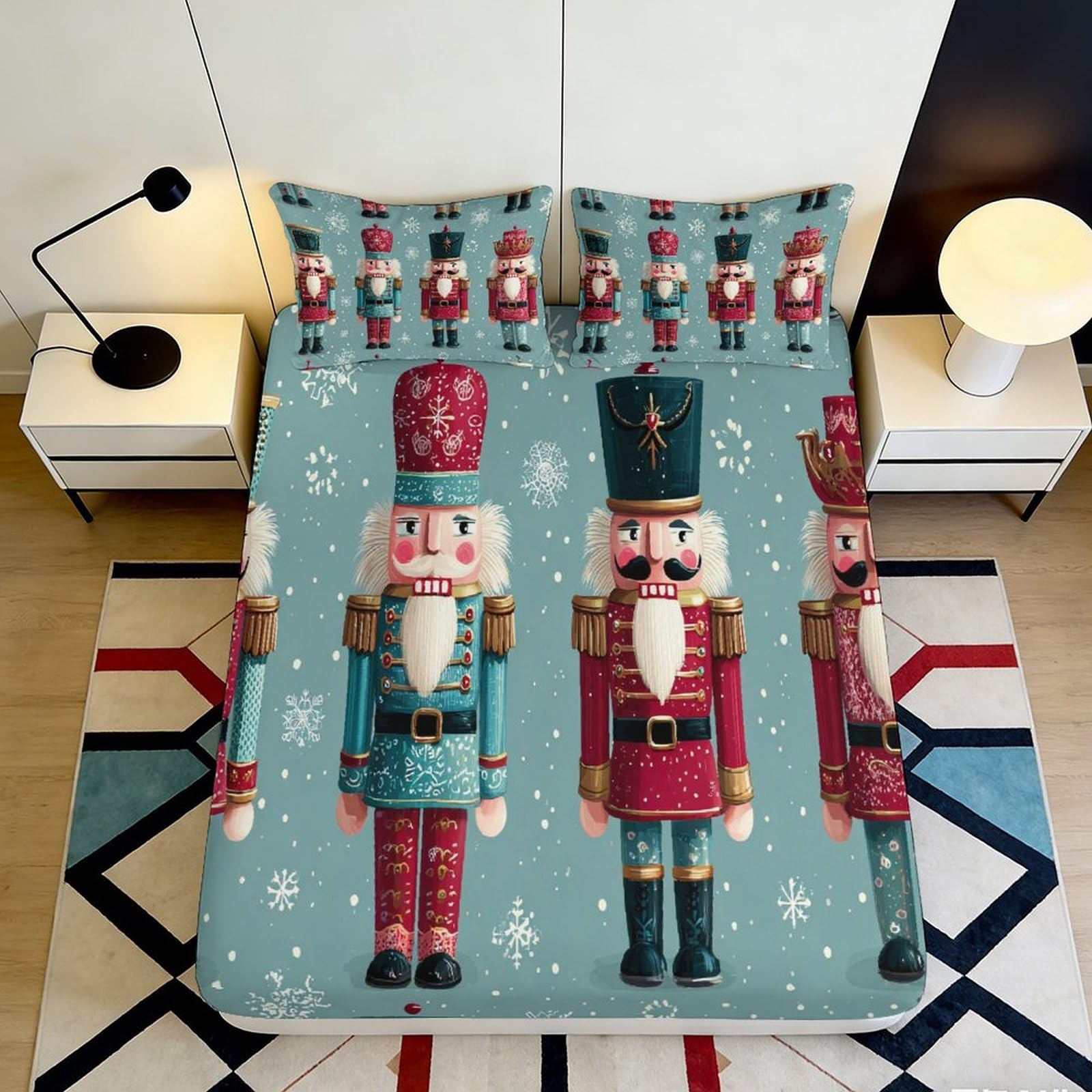 3D Printed Nutcracker Fitted Sheet Microfiber Soft Durable Snowflake Bed Cover for Bedroom Dormitory Guest Room Mattress Protection 140x200x25cm