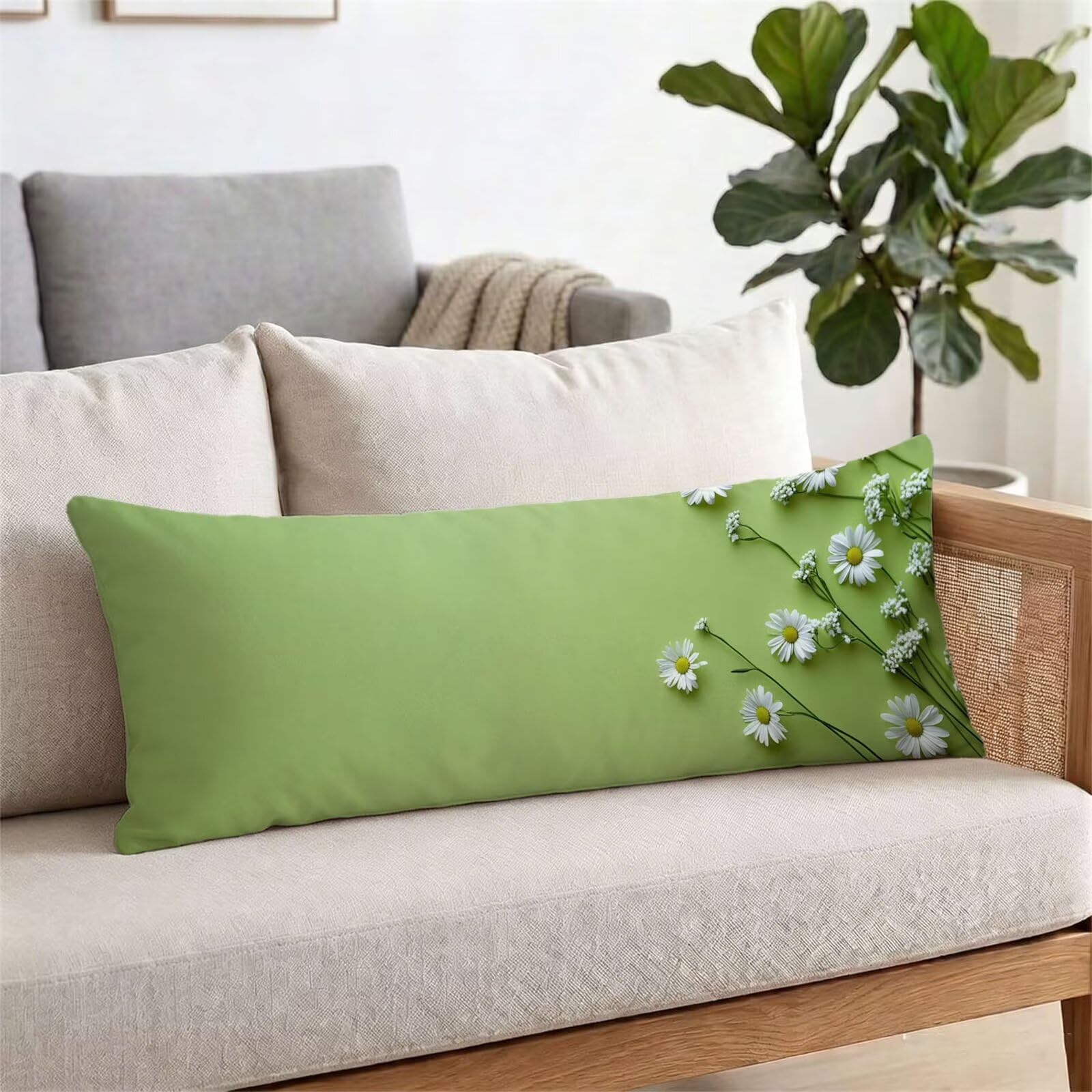 Funda de Almohada 60 x 180 cm Verde Protector Almohada 180 cm con Cremallera Invisible, Lino Durable y Transpirable Pillow Case Largas Moderno Impresión a Doble Cara para Cama, Sofá y Dormitorio dg-53