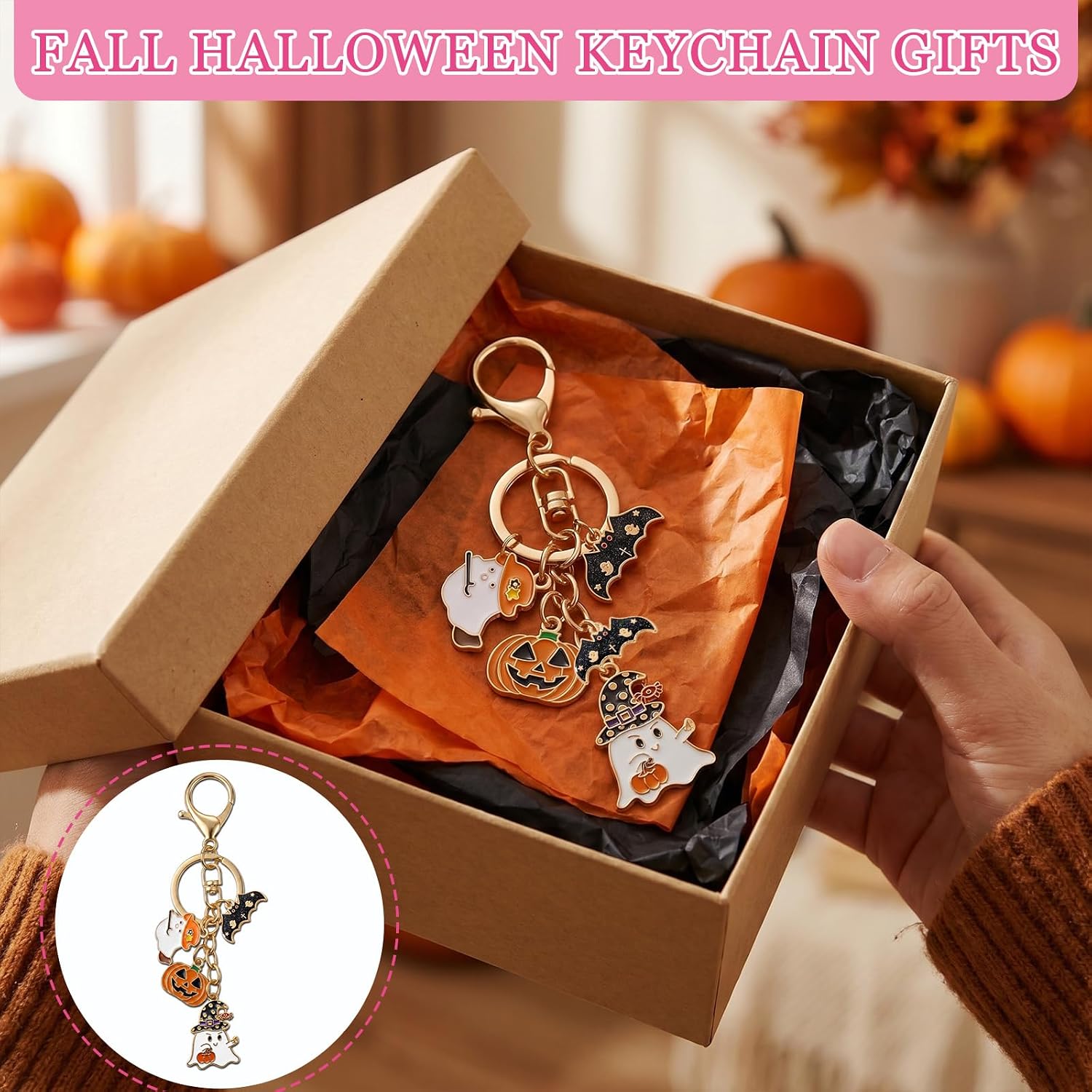 Fall Autumn Keychain Gifts Halloween Boo Basket Stuffers Enamel Car Key Ring or Purse Backpack Accessories