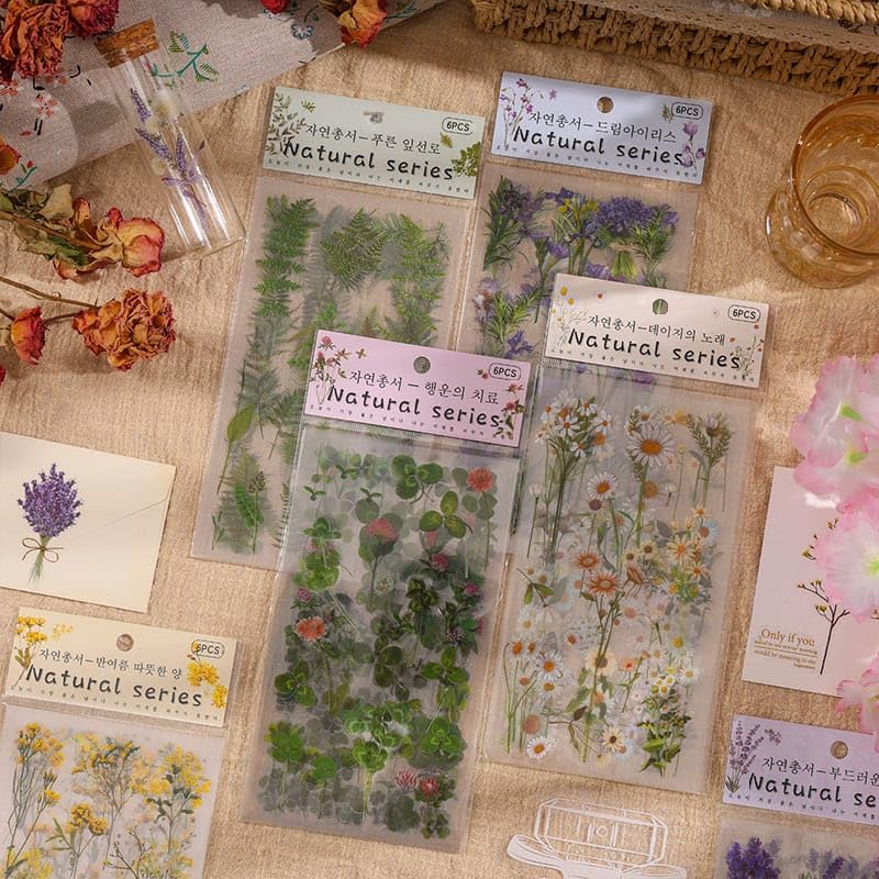 DEOXY Pack of 8 Sheet Transparent Pressed Flower Stickers, Dried Resin Flowers Stickers Plant Stickers for Scrapbooking DIY Diary Art Craft Planner Bottles Laptops, self-adhesive, 10x18x10 cm - Image 5 thumbnail