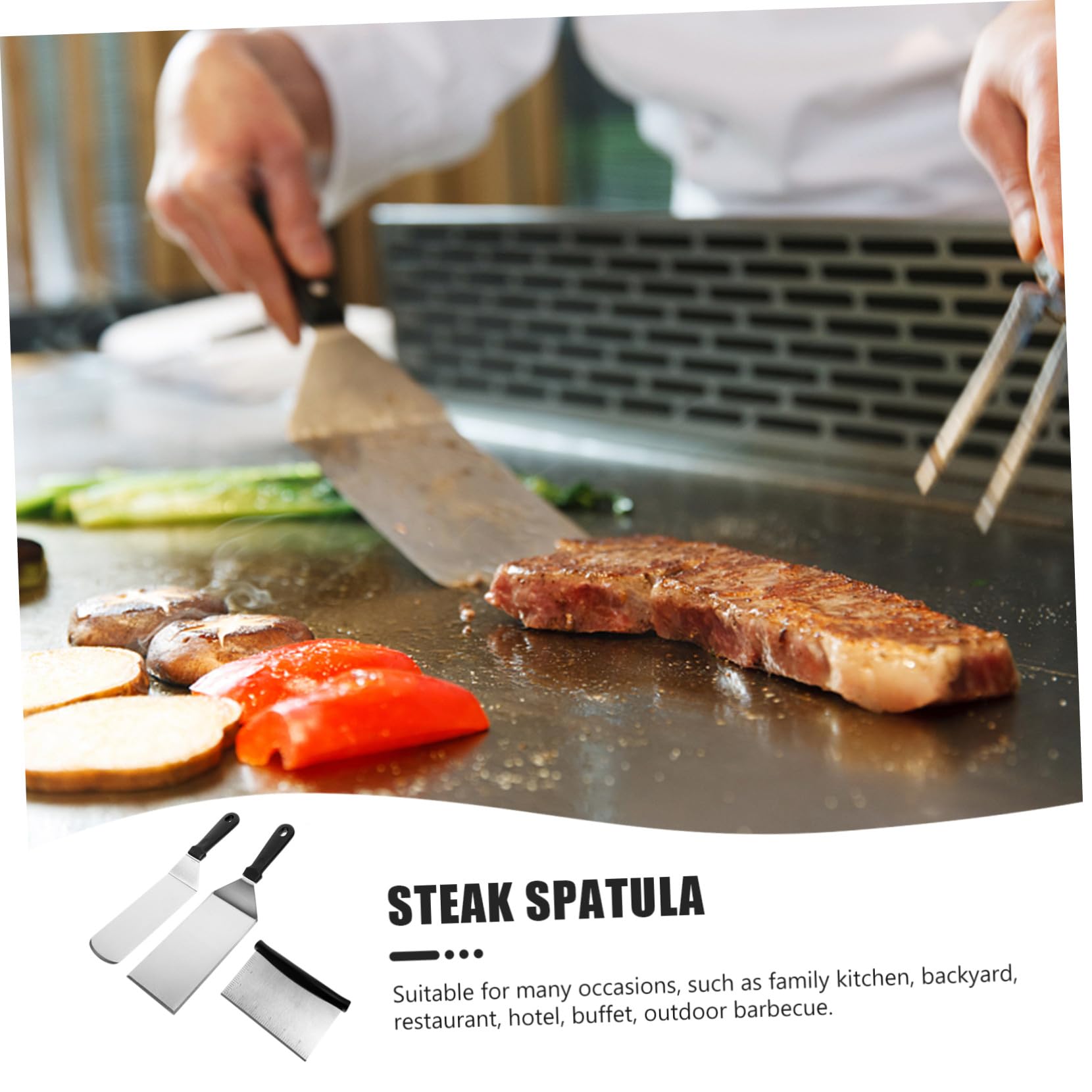 Gatuida Spatules Cuisine Inox 3 Pièces Résistantes la Chaleur Manches en Plastique, Pelle à Steak Multifonction, Outils pour Barbecue et Cuisson en Intérieur et Extérieur