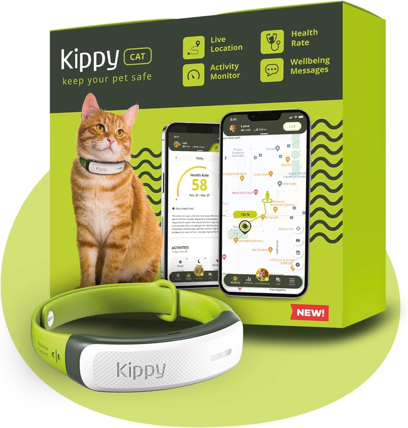 KIPPY - Collar gps para Gatos Cat Color - Rastreador de Salud y Actividad - Localizador GPS con Fronteras Virtuales - Alerta Instantánea