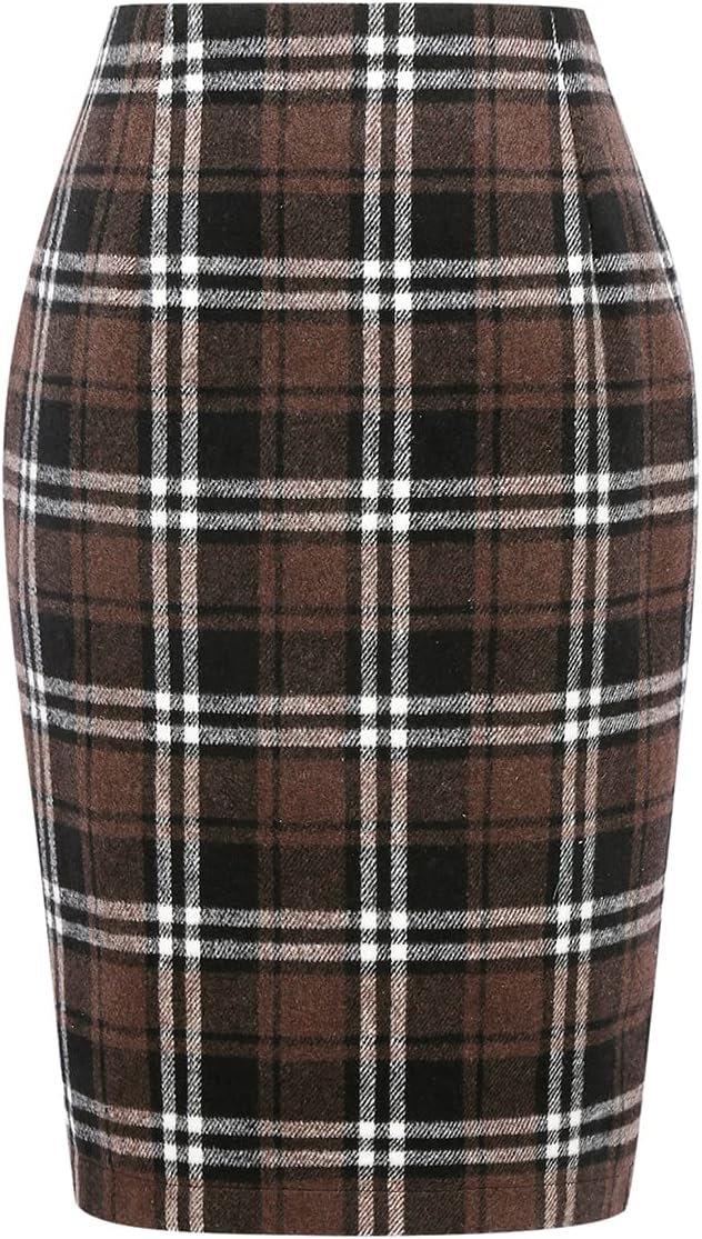 IDEALSANXUN Plaid Skirts for Women Fall Winter Knee Length Pencil Wool Skirt with Slit