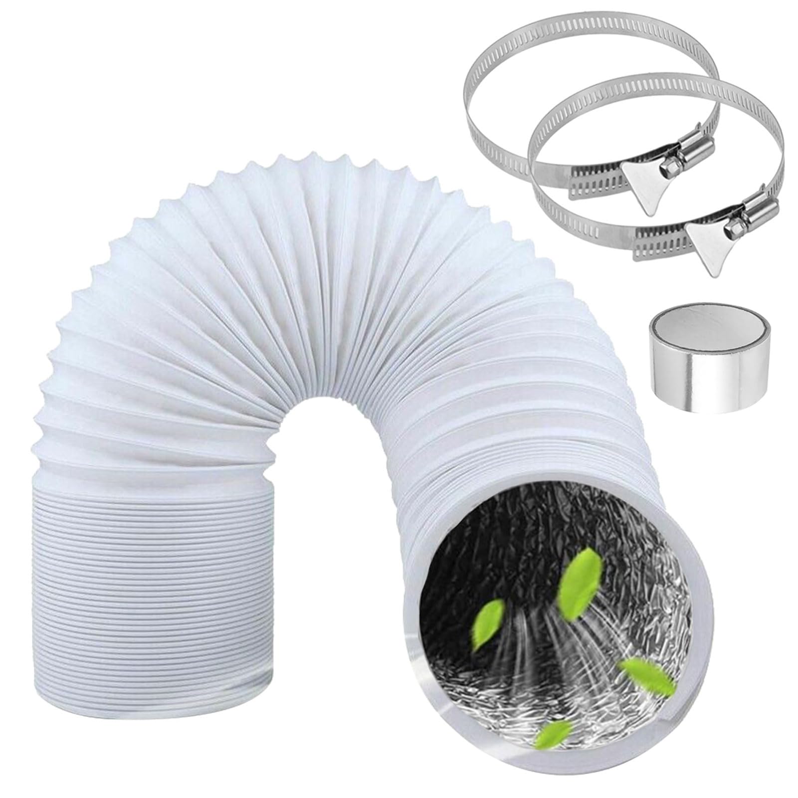 Biały wąż powietrza wylotowego 150 mm długość 3 m PCW elastyczna rura aluminiowa wąż aluminiowy wąż aluminiowy wąż elastyczny z 2 obejmami ze stali nierdzewnej do klimatyzatorów, przenośnych