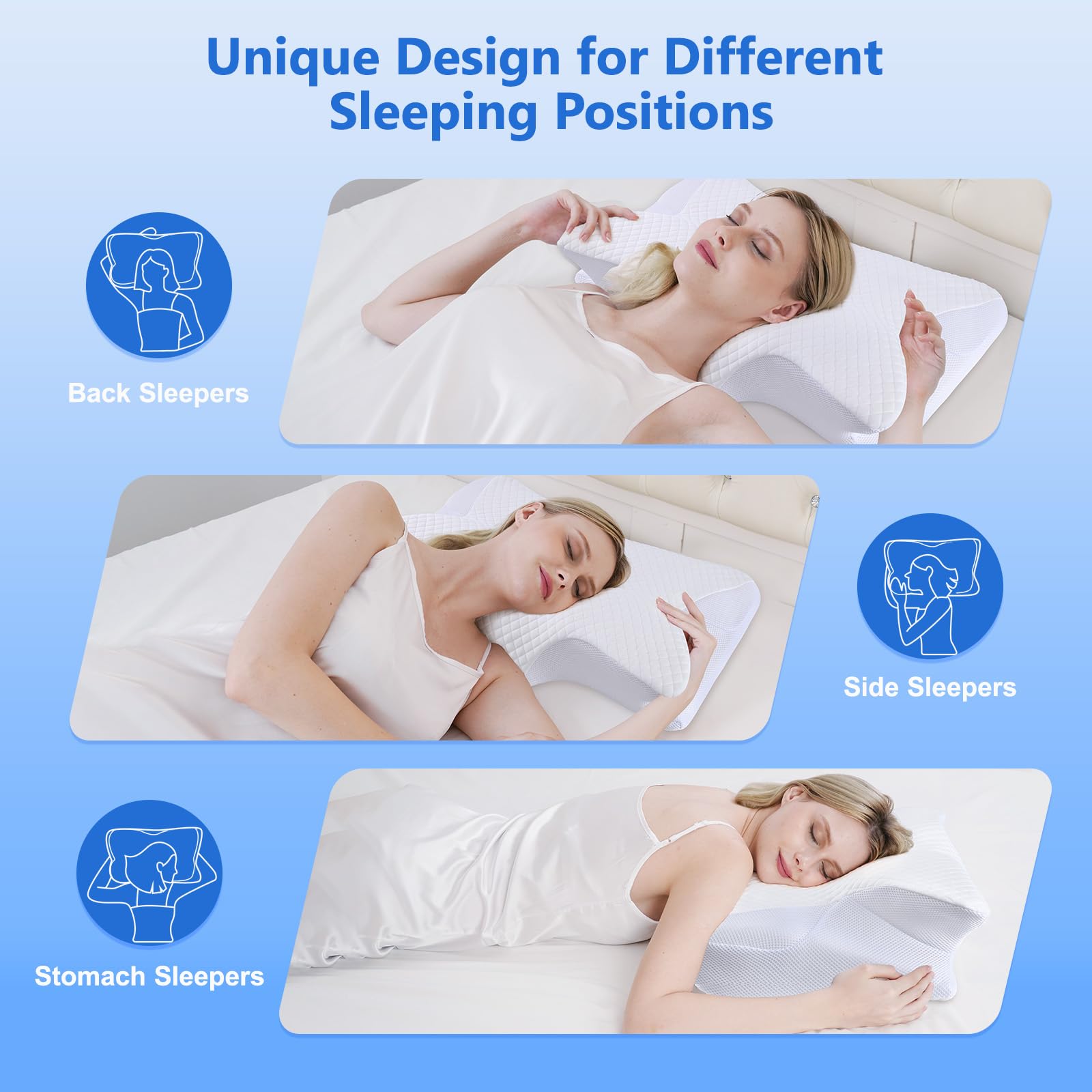 Teemour Oreiller Ergonomique Cervical à Mémoire de Forme, Design 2 en 1 Oreiller, Coussin Cervicales Support Adapté pour Dormeurs sur Le Côté, Le Dos et Le Ventre, Taille 60 x 37 x 9/13cm, Blanc
