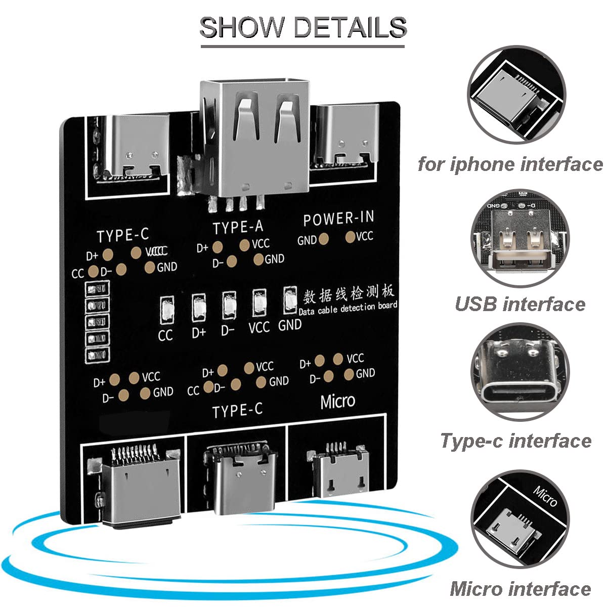 Youmile DT3 USB Cable Tester Data Cable Detection Board Fast Detector Tool PCB Board Lightweight Durable with Type-c to USB cable for apple Micro Type-C Port USB Cable Tester - Image 2