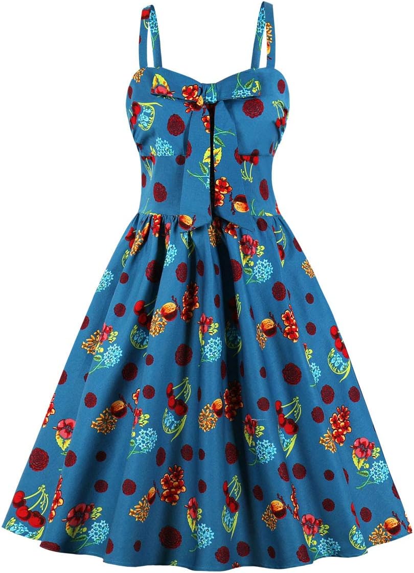 Women's Summer Floral Print High Waist Strap Vintage Dress Sundress