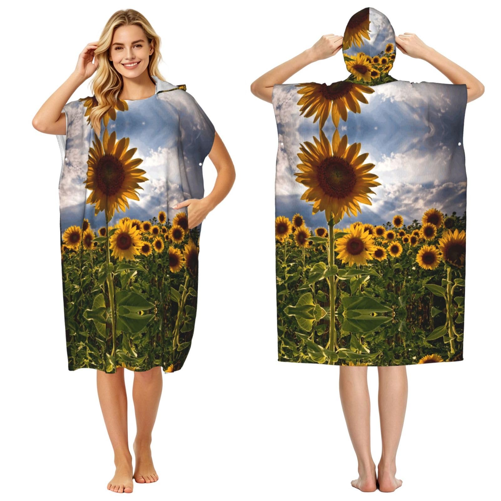 Sunflowers Fields Print Hooded Poncho Microfiber Beach Towel,Adult Women & Men Changing Robe,Lightweight Summer Surf Swim Bath Poncho Towel