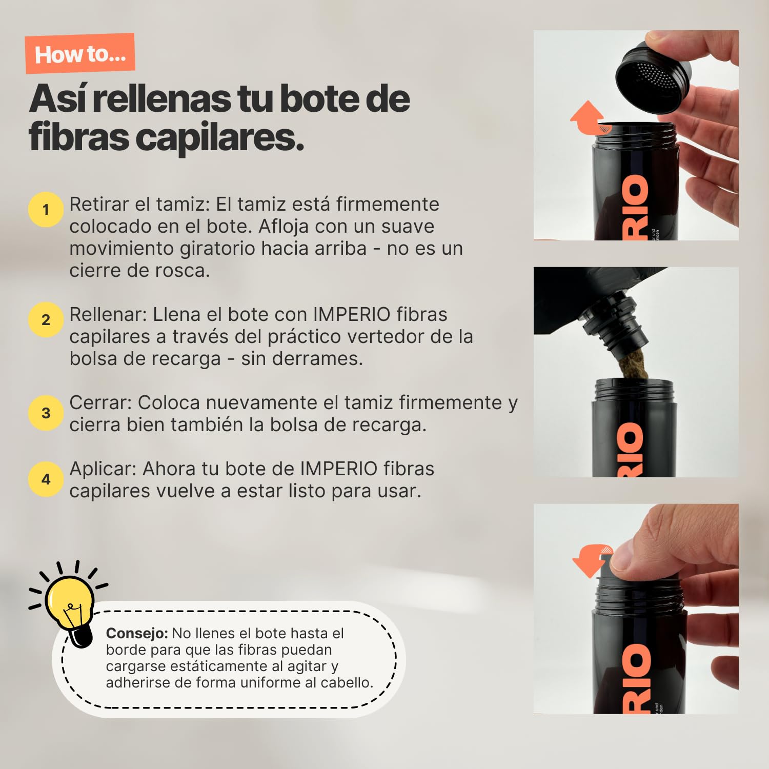 IMPERIO Paquete de recarga de pelo disperso, 110 g, con pelo a granel premium, paquete de recarga sostenible con práctico cierre, fácil llenado de la lata de fibras de pelo (marrón oscuro, 110 g)