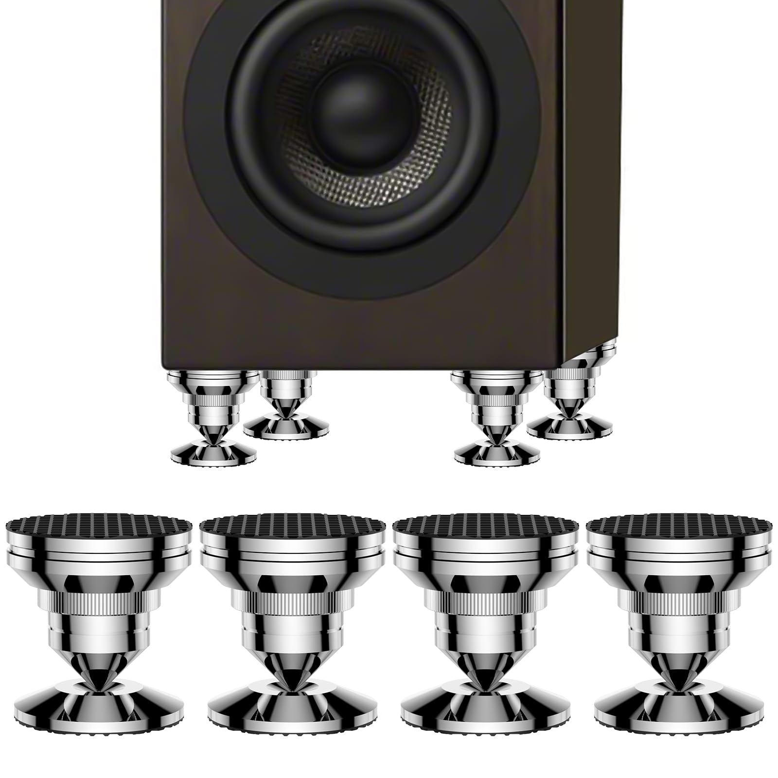 Tertullus Lot de 4 pics de haut-parleur, en acier inoxydable, pour caisson de basses réglables en hauteur, pieds absorbants avec pointes, rondelles pour appareils Hi-Fi et haut-parleurs