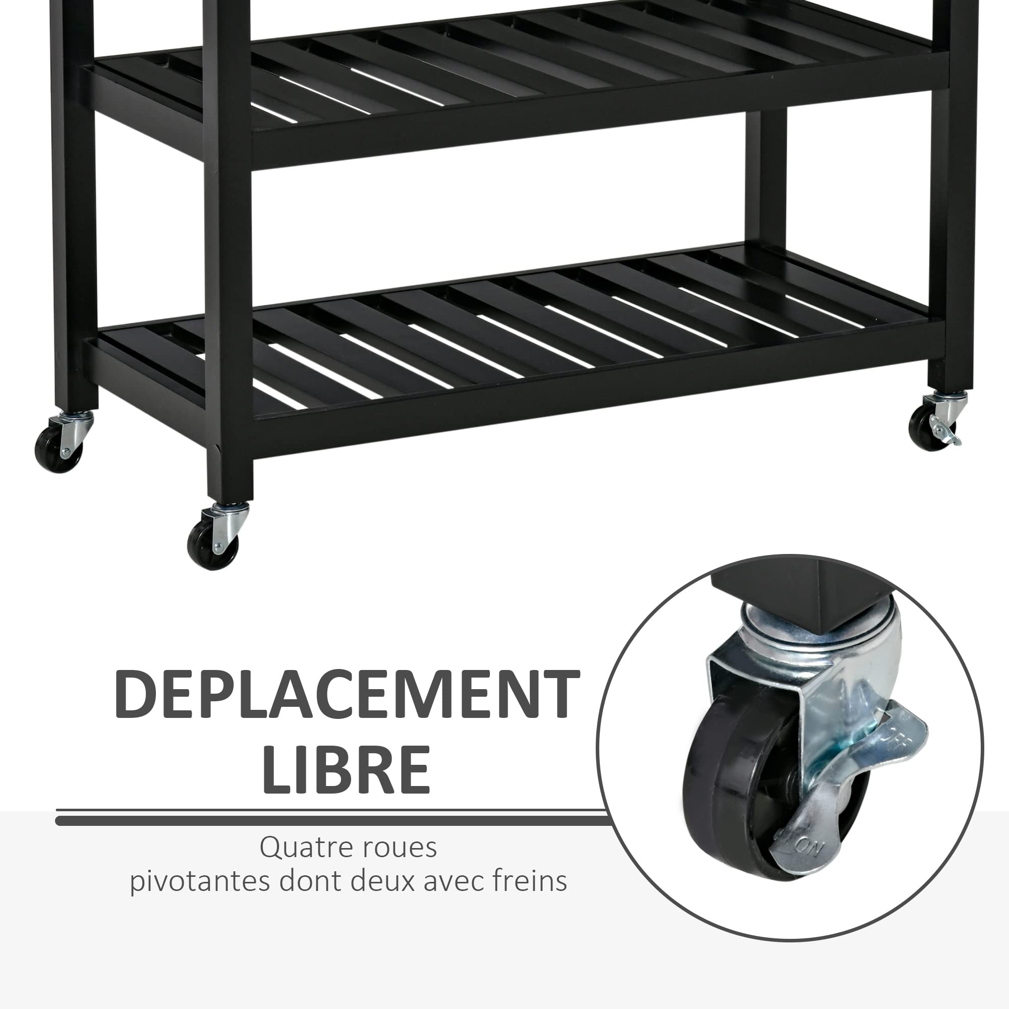 HOMCOM Chariot de Service desserte de Cuisine à roulettes 2 étagères 2 tiroirs Noir Bois Naturel