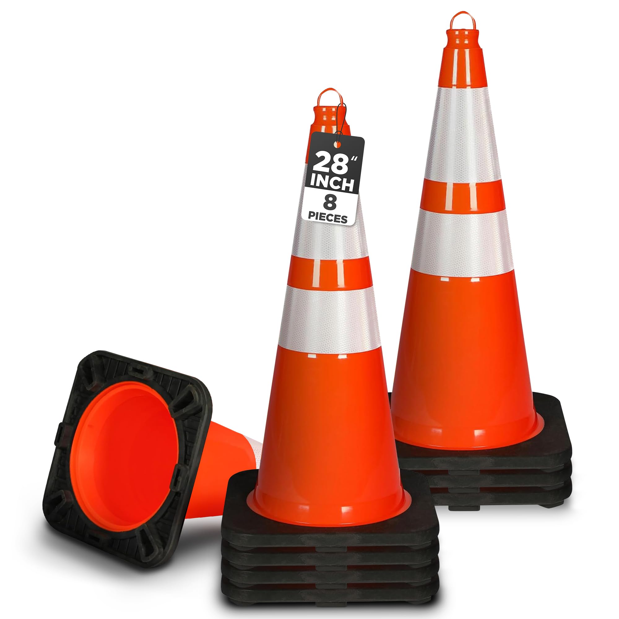 Cono de PVC de 28 pulgadas – 8 piezas de alta visibilidad estructuralmente estable para tráfico, estacionamiento y seguridad en la construcción | Ideal para control, zonas de construcción y seguridad