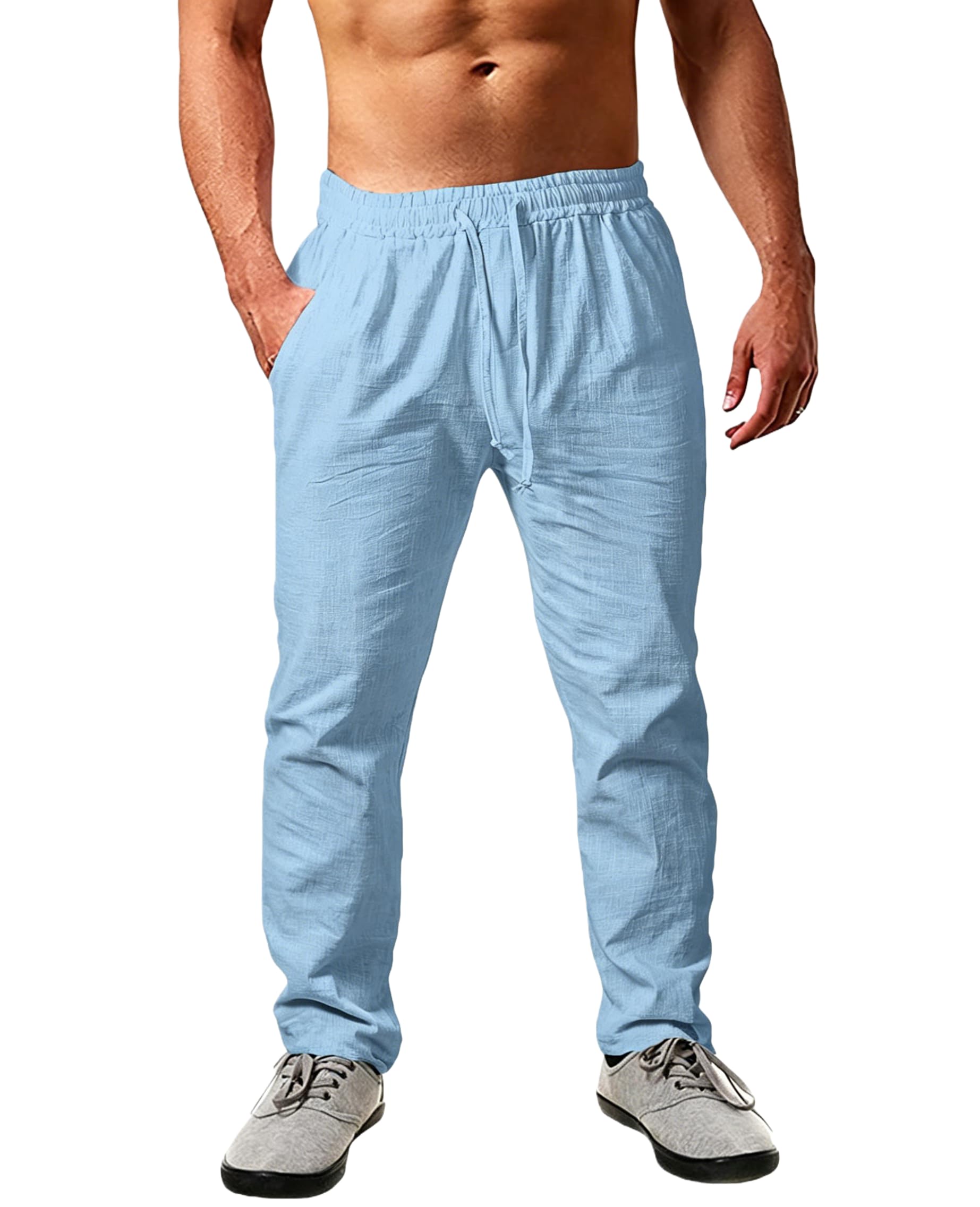 Cegerne Herren Leinenhose Lang Leicht Sommerhose Loose Fit Einfarbiges Freizeithose mit Kordelzug für Urlaub Strand Alltag