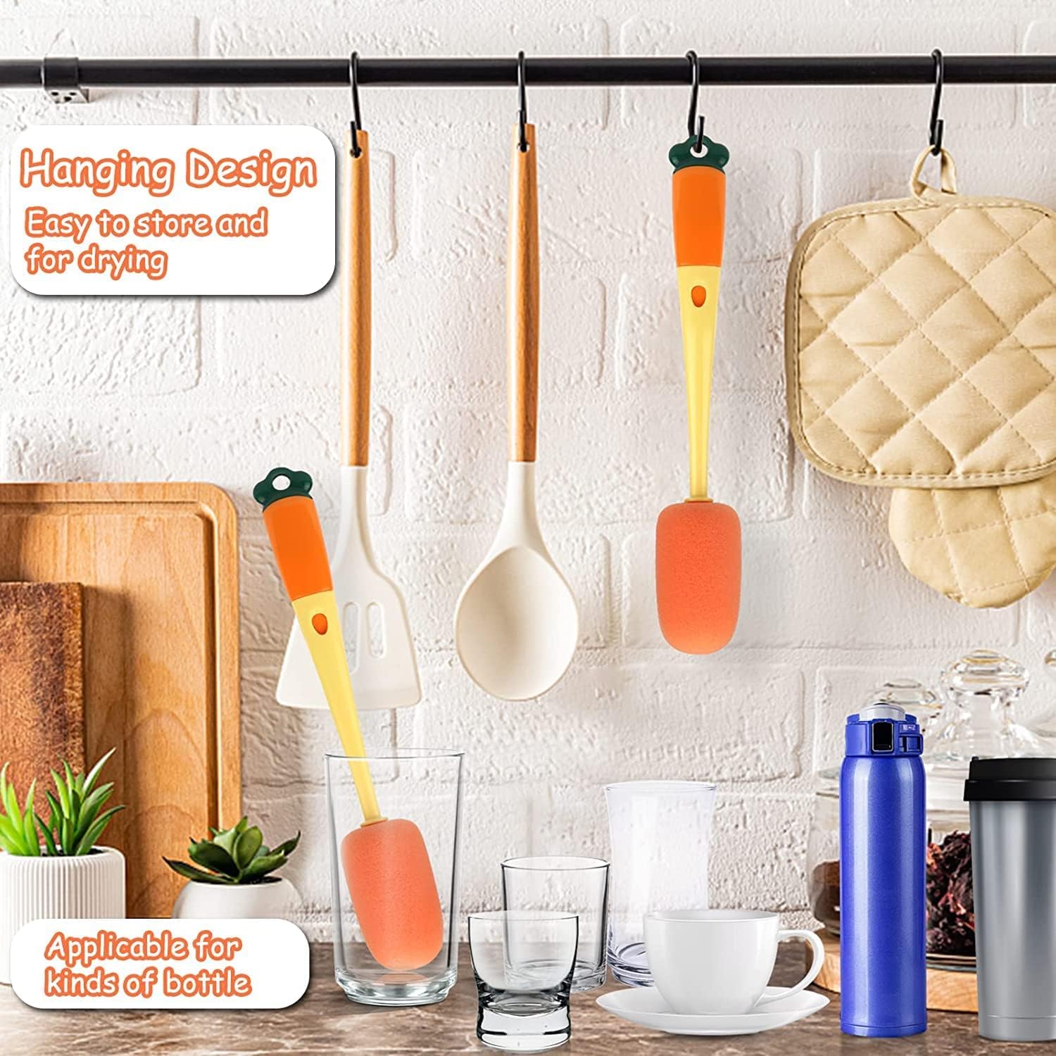 HEVIR 3 in 1 Multi Bottle Cleaning Brush - Sponge Baby Bottle & Cup Cleaner - Long Handle, Replaceable Sponge & Silicone Cover Brush for Water Bottles, Tumblers, Cups 1