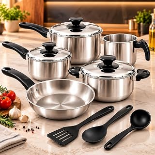 Jogo de Panelas Alumínio 11 Peças com Tampas + Frigideira + Kit de Utensílios, Revestimento Antiaderente, Cabos Ergonômicos, Fácil Limpeza,