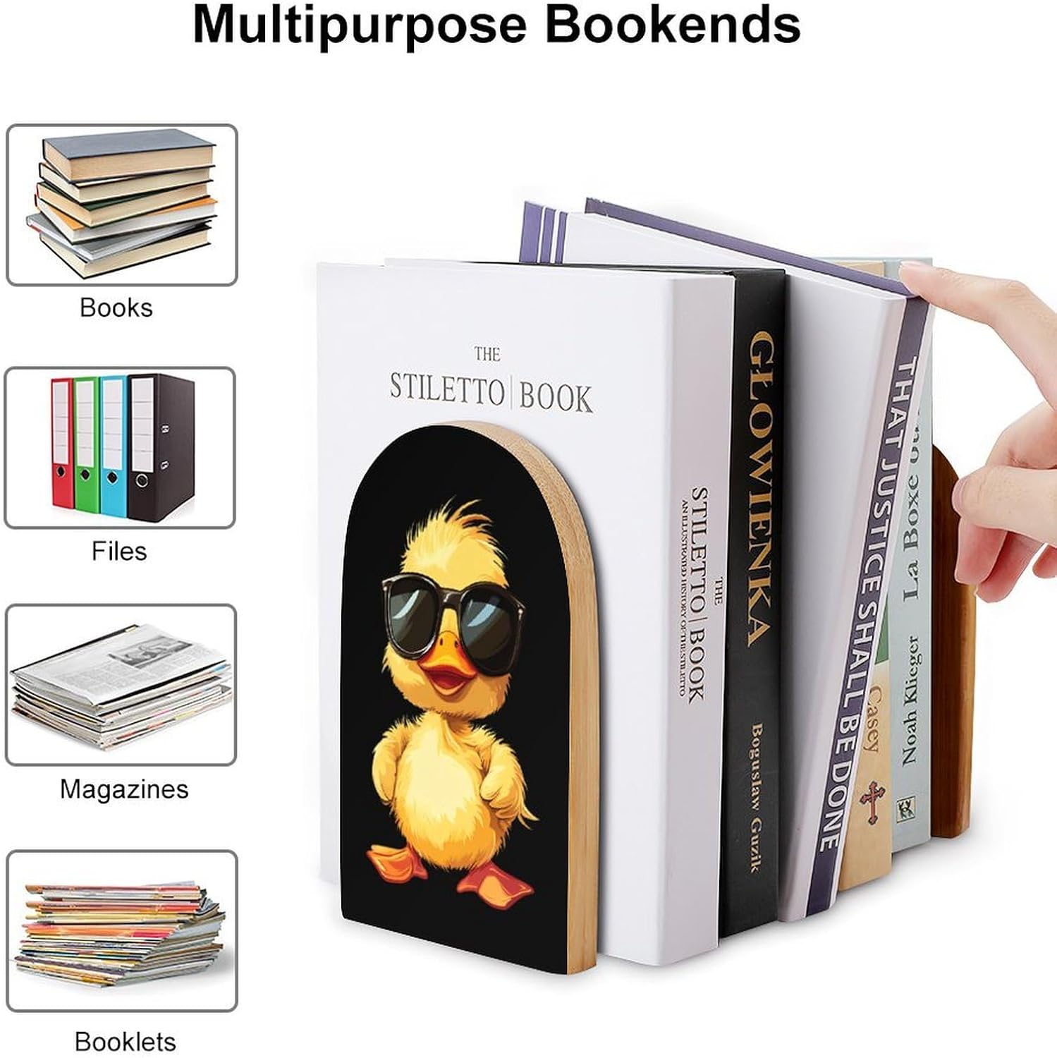 Cute Yellow Duck in Glasses Cute Wood Book Ends Decorative Bookends 1 Pair Non-Skid for Shelves Home Office 7 X 5 Inch