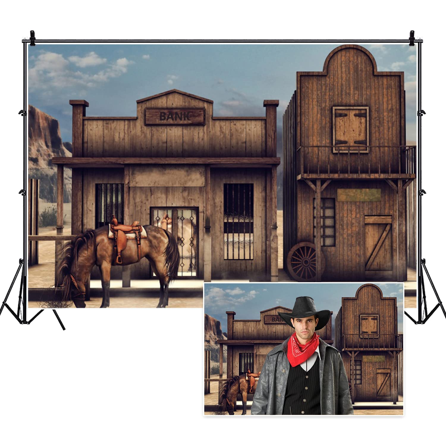 DORCEV 7x5ft Vintage Western Wooden Barn House Backdrop Old Barn Door Horse Stable Small Barn Photo Background American West Cowboy Cool Boys Adults Birthday Party Portraits Party Studio Props