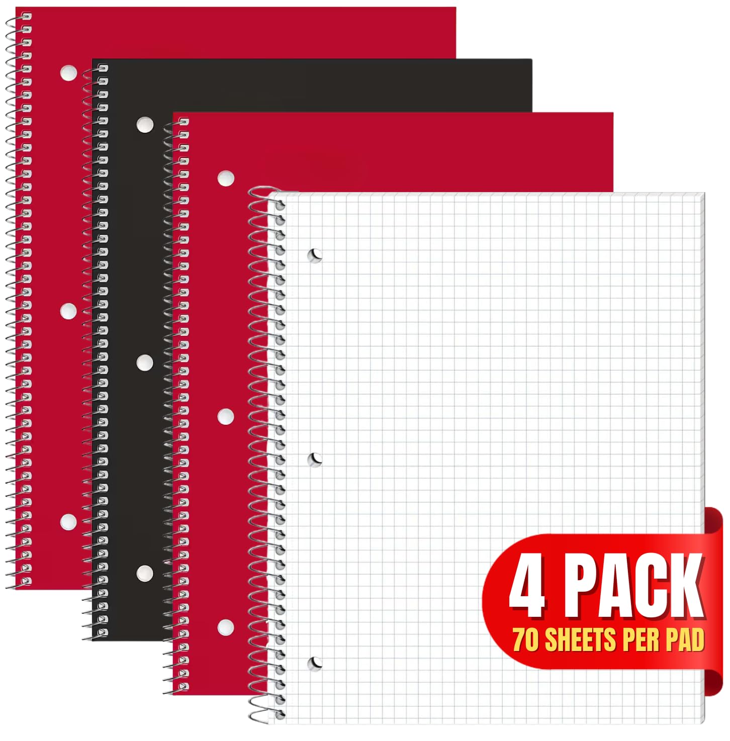 1InTheOffice Graph Paper Notebook, Spiral Paper Notebook, Quad Ruled 8"" x 10.5"", 5 Squares Per Inch, 70 Sheets/Pack, 4 Pack